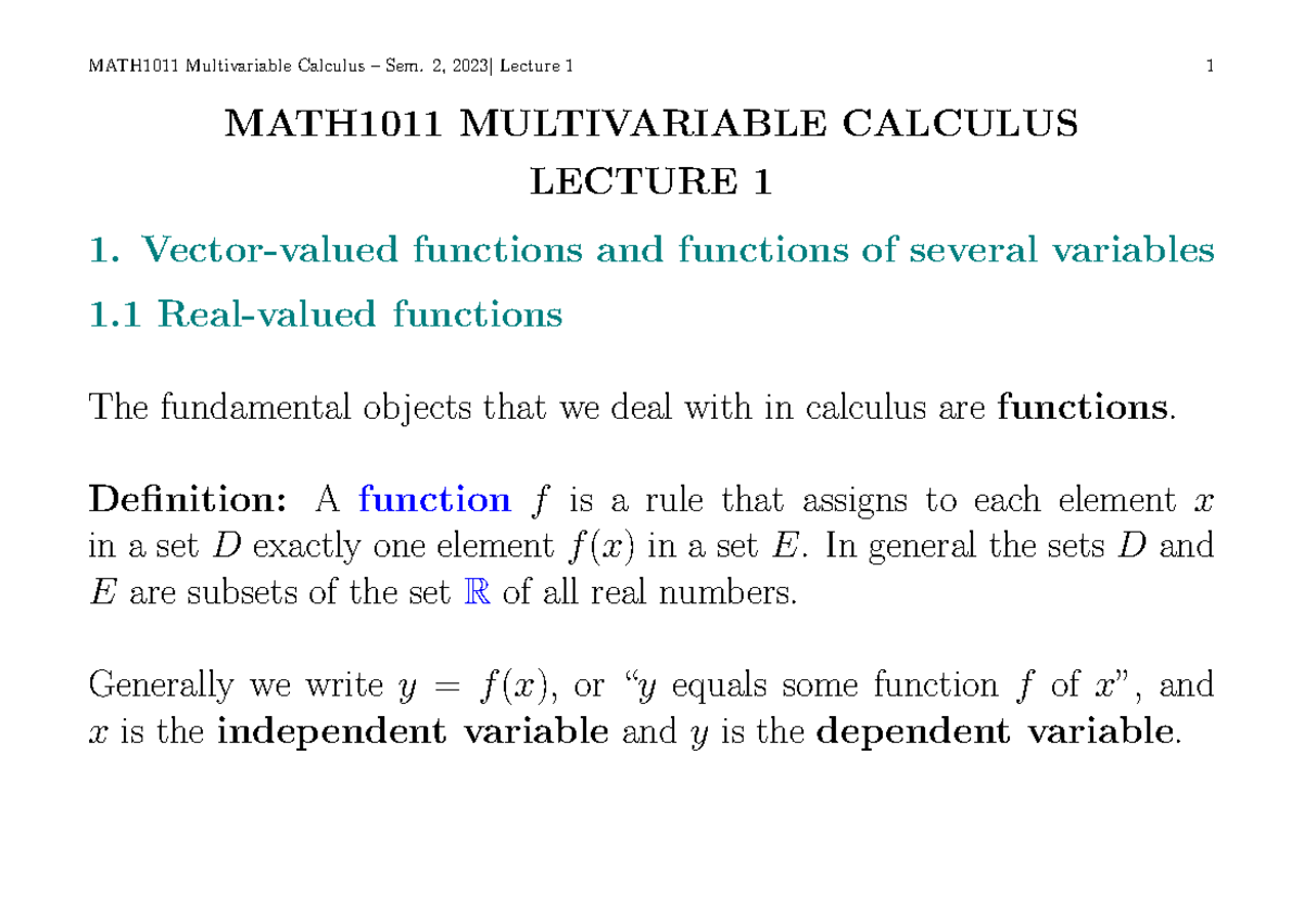 MATH1011 Lecture 1 2 23 - MATH1011 MULTIVARIABLE CALCULUS LECTURE 1 ...