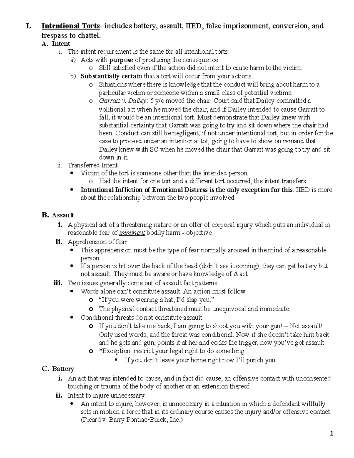 Torts Lecture notes - I. Intentional Torts - i ncludes battery, assault ...