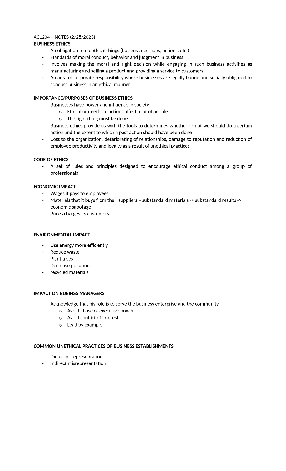 AC1204 - Feb 28 - Notes - AC1204 – NOTES (2/28/2023) BUSINESS ETHICS An ...