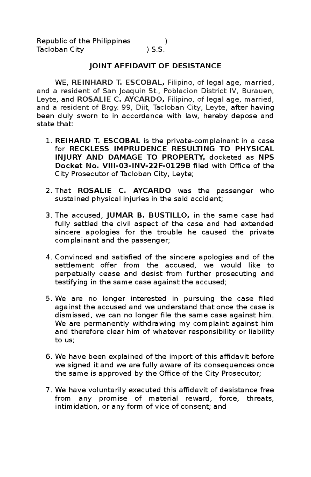 affidavit-of-desistance-tobio-republic-of-the-philippines-tacloban