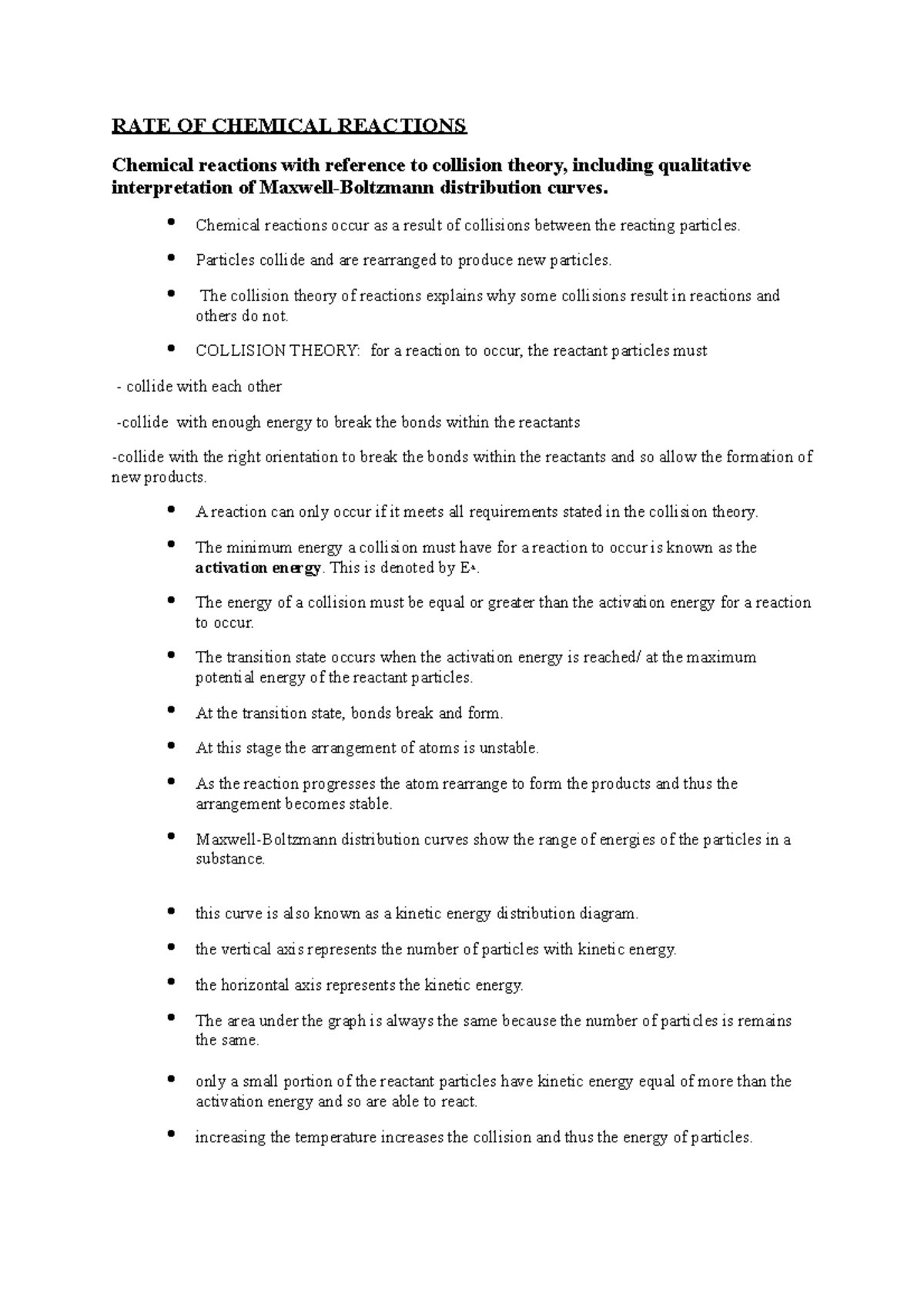 Chemistry Unit 3 AOS 2 notes RATE OF CHEMICAL REACTIONS Chemical reactions with reference to
