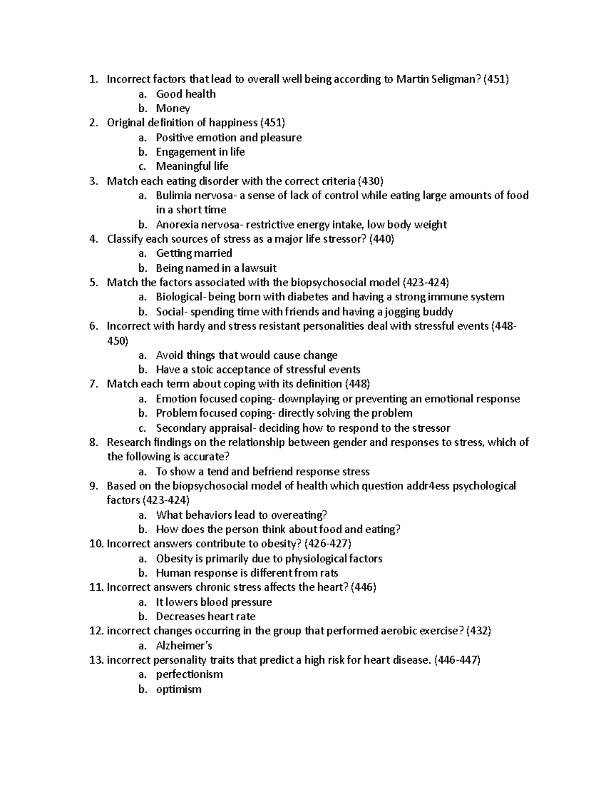 Ch.11 - ch.11 notes - Incorrect factors that lead to overall well being ...