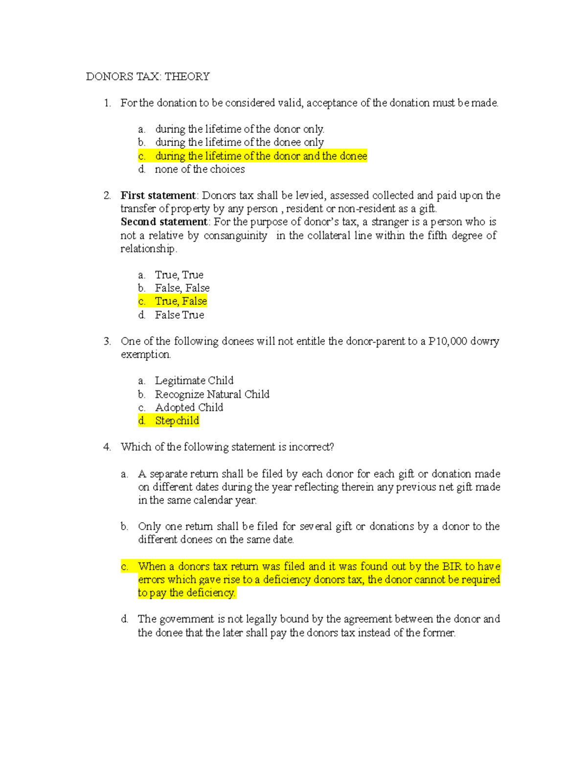 Donors-tax-theory Practice Material With Answer Key - DONORS TAX ...