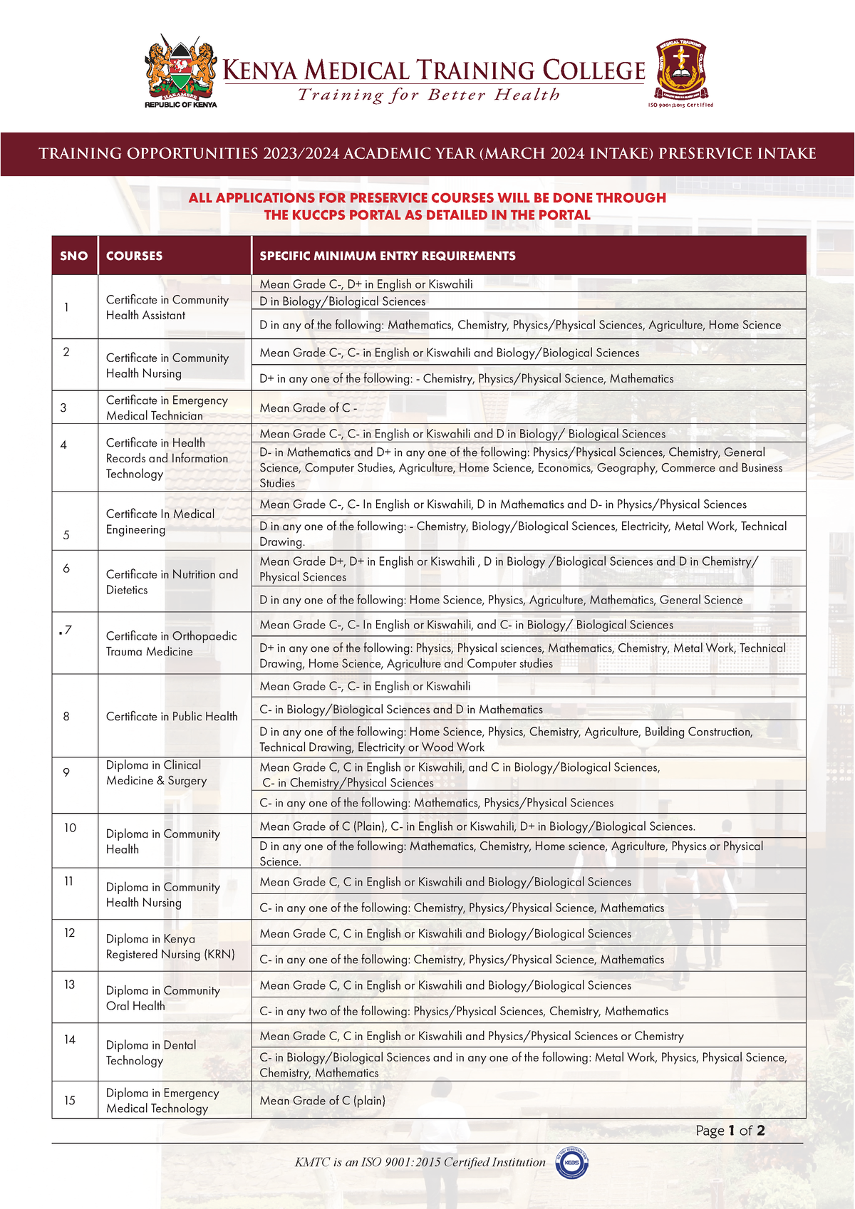 KMTC PRE Service Training Opportunities FOR 2023 2024 Academic YEAR ...