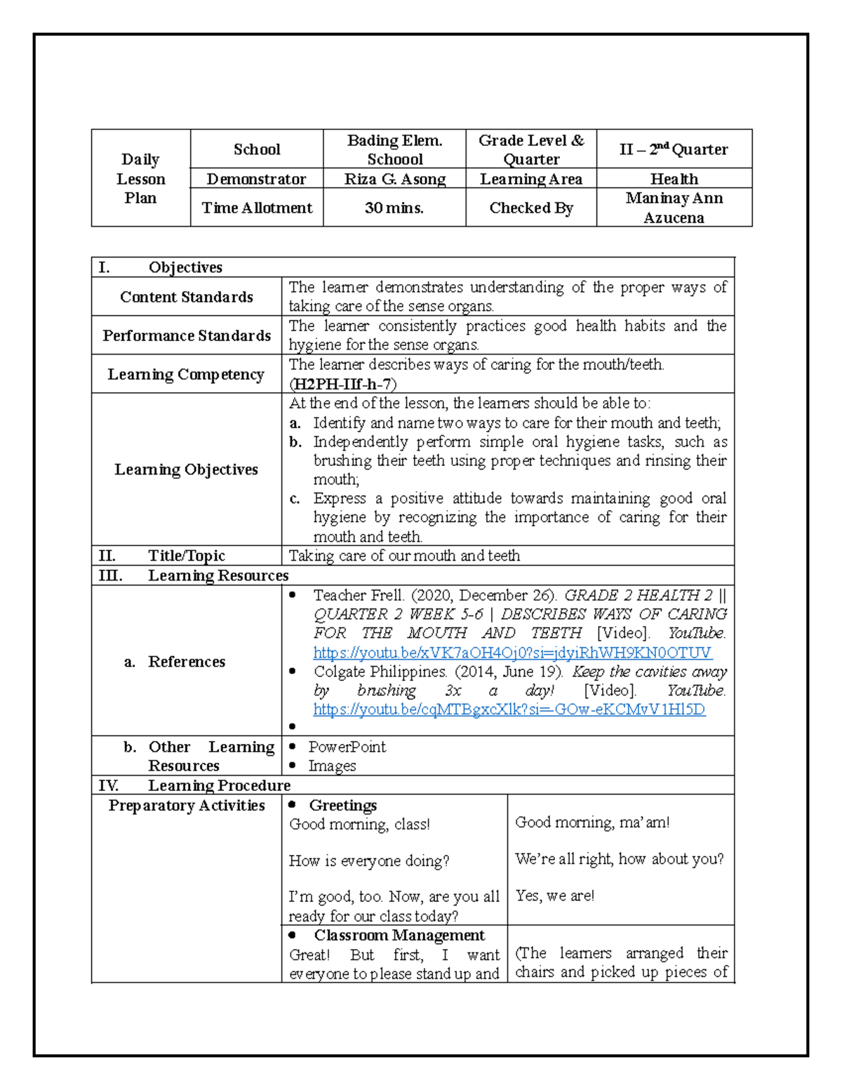 4-As Lesson Plan Format - Daily Lesson Plan School Bading Elem. Schoool ...