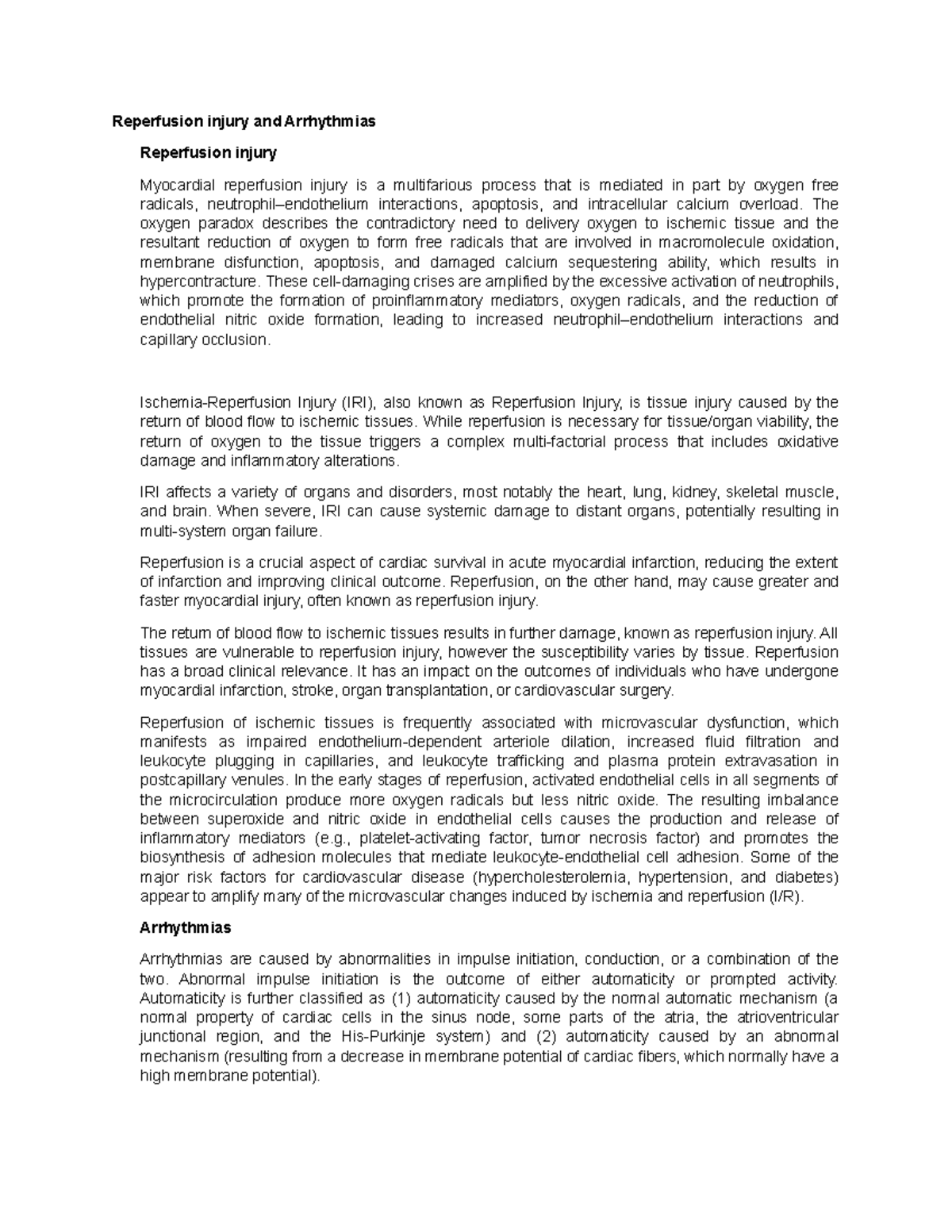 Reperfusion injury and Arrhythmias - Reperfusion injury and Arrhythmias ...