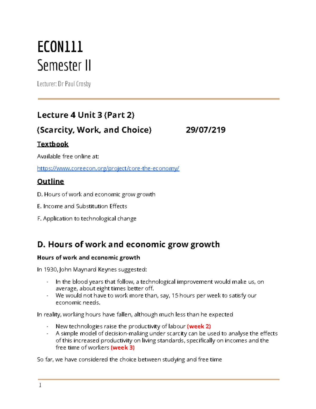 Week 4 - Week 4 Lecture - ECON111 Semester II Lecturer: Dr Paul Crosby ...