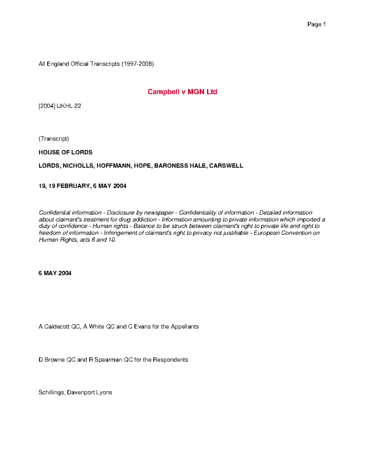 Campbell v MGN Ltd [2004 ] UKHL 22 All England Official Transcripts