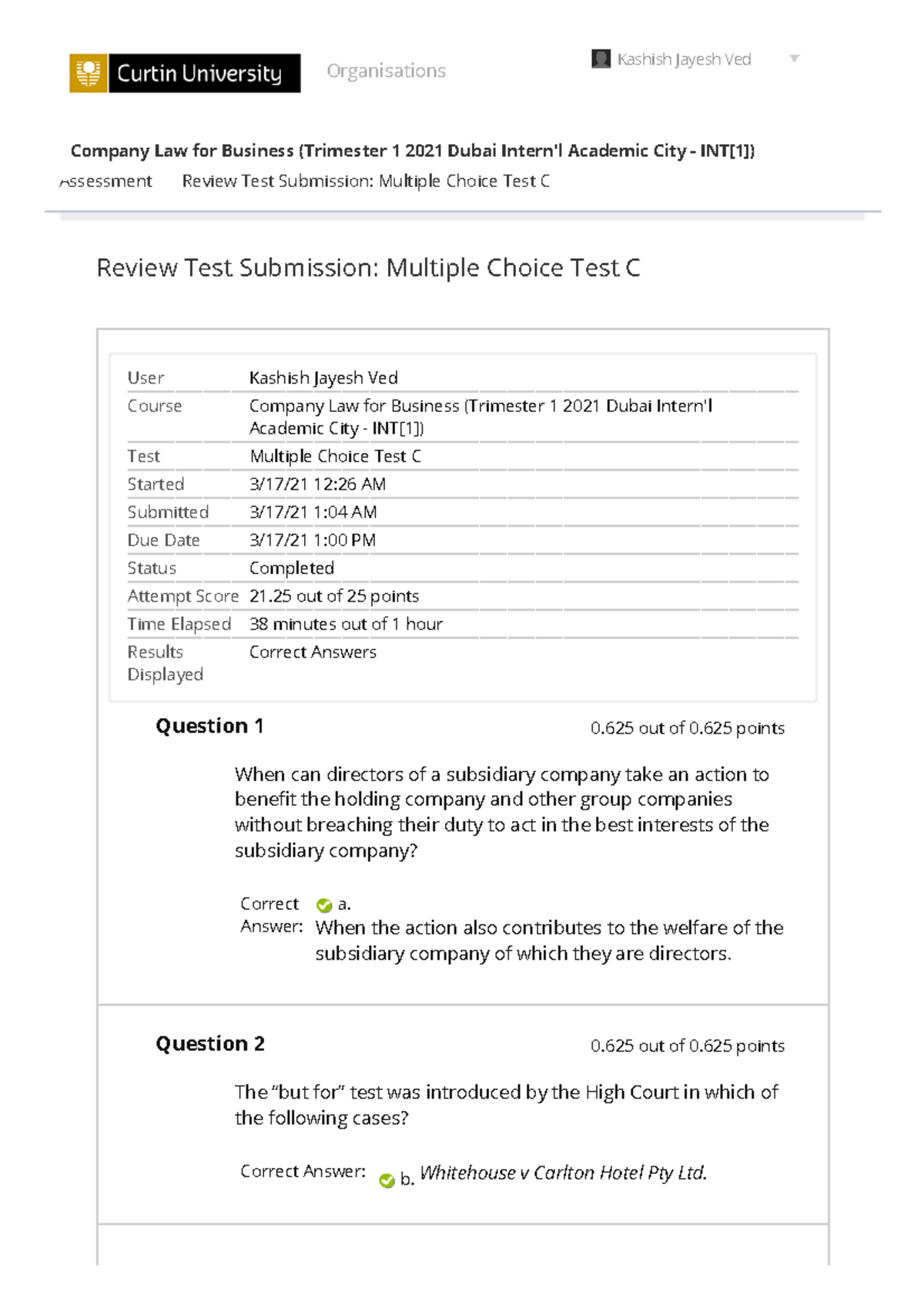 Review Test Submission Multiple Choice Test C set 2 Company Review