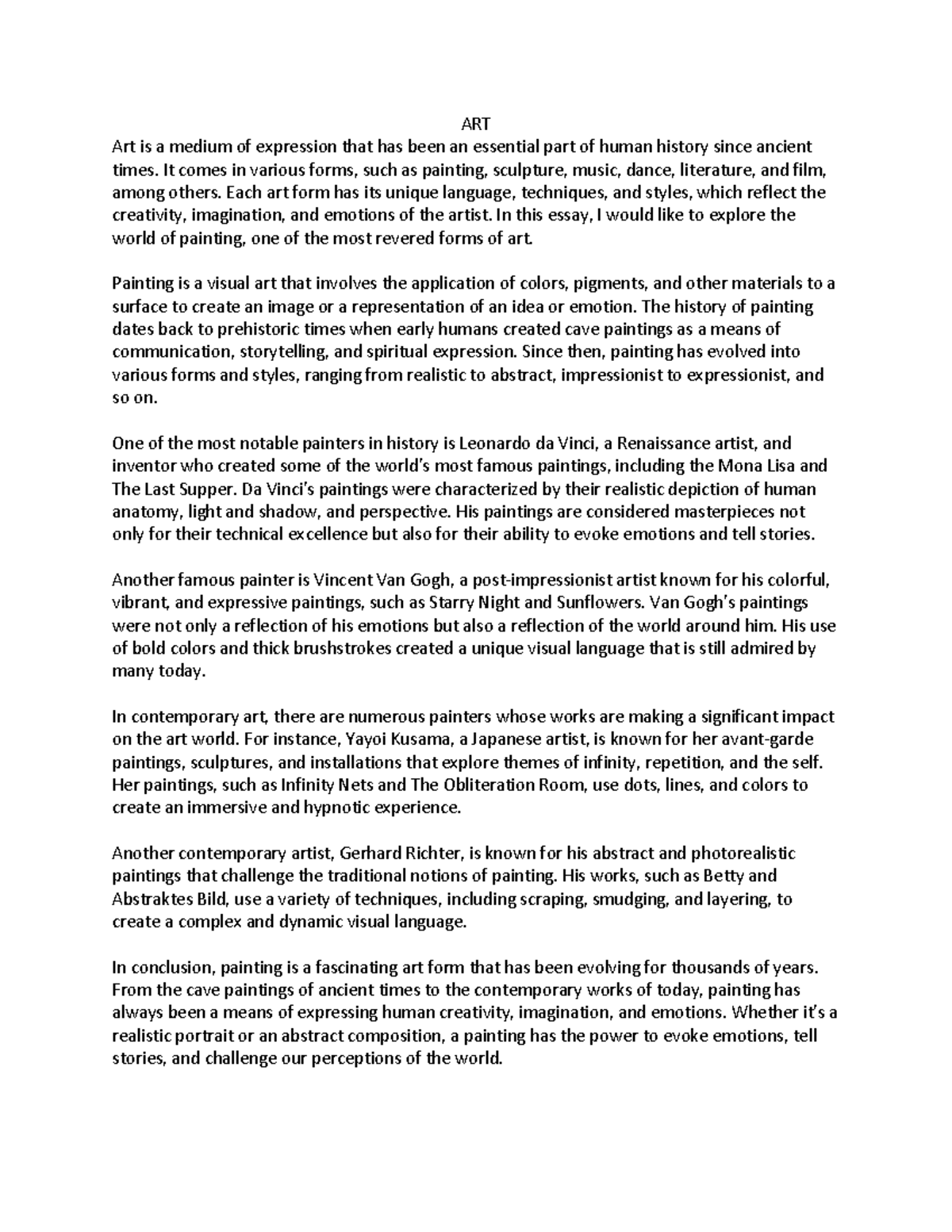 Document 5 for an art ART Art is a medium of expression that has