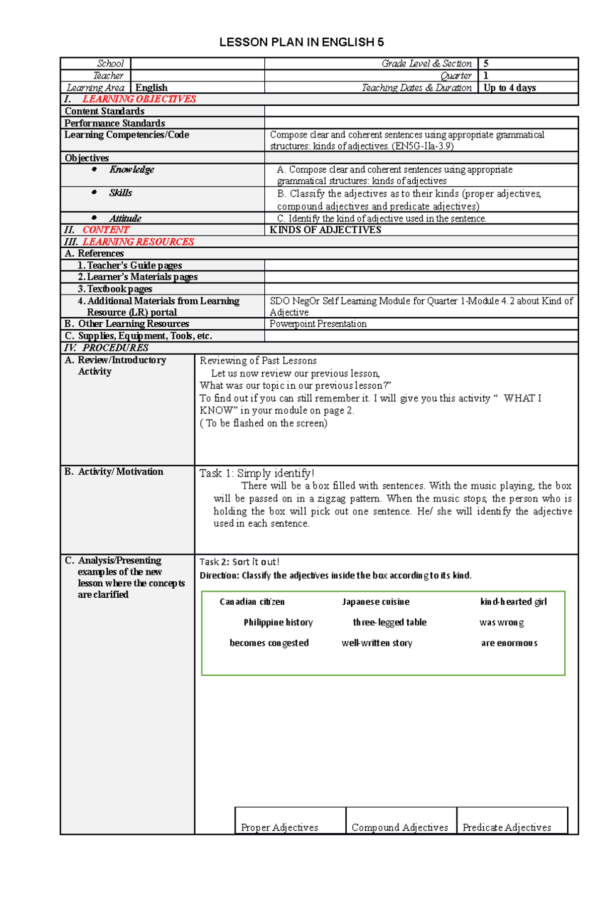 English 5 Quarter 1 Kinds of Adjectives - LESSON PLAN IN ENGLISH 5 ...