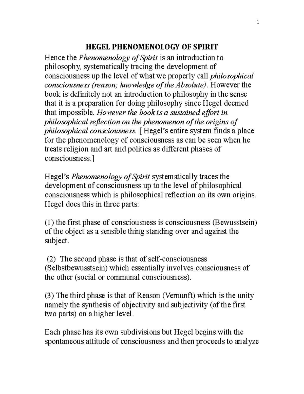 Hegel phenomenology of spirit and its understaning HEGEL