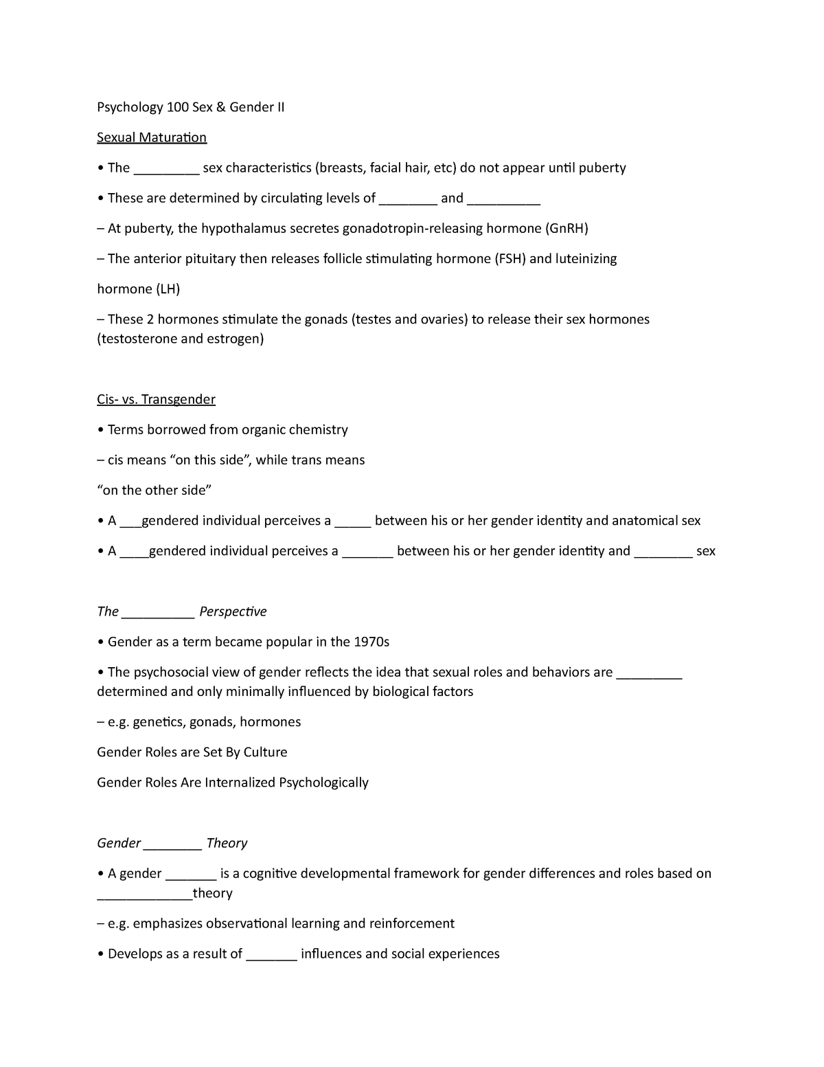 Psychology 100 Sex Lecture Notes 1 Psychology 100 Sex And Gender Ii Sexual Maturation The 3486