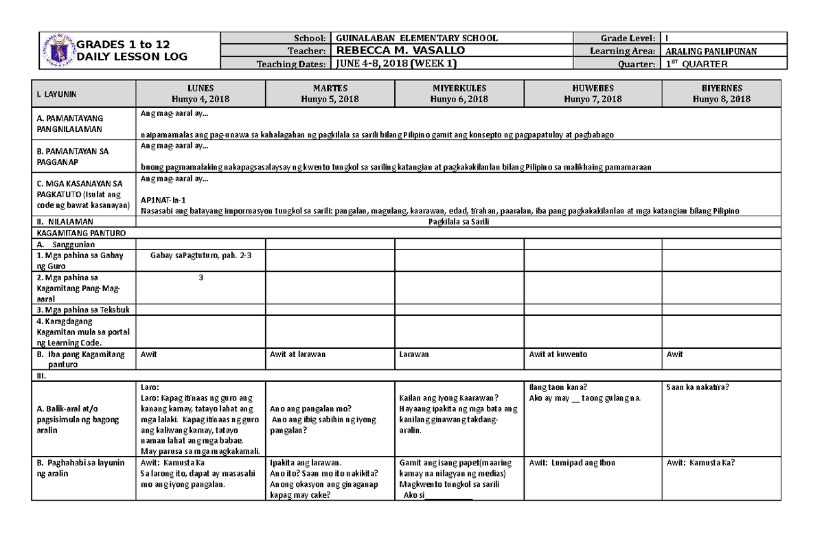 DLL Araling Panlipunan 1 Q1 W1 - GRADES 1 to 12 DAILY LESSON LOG School ...