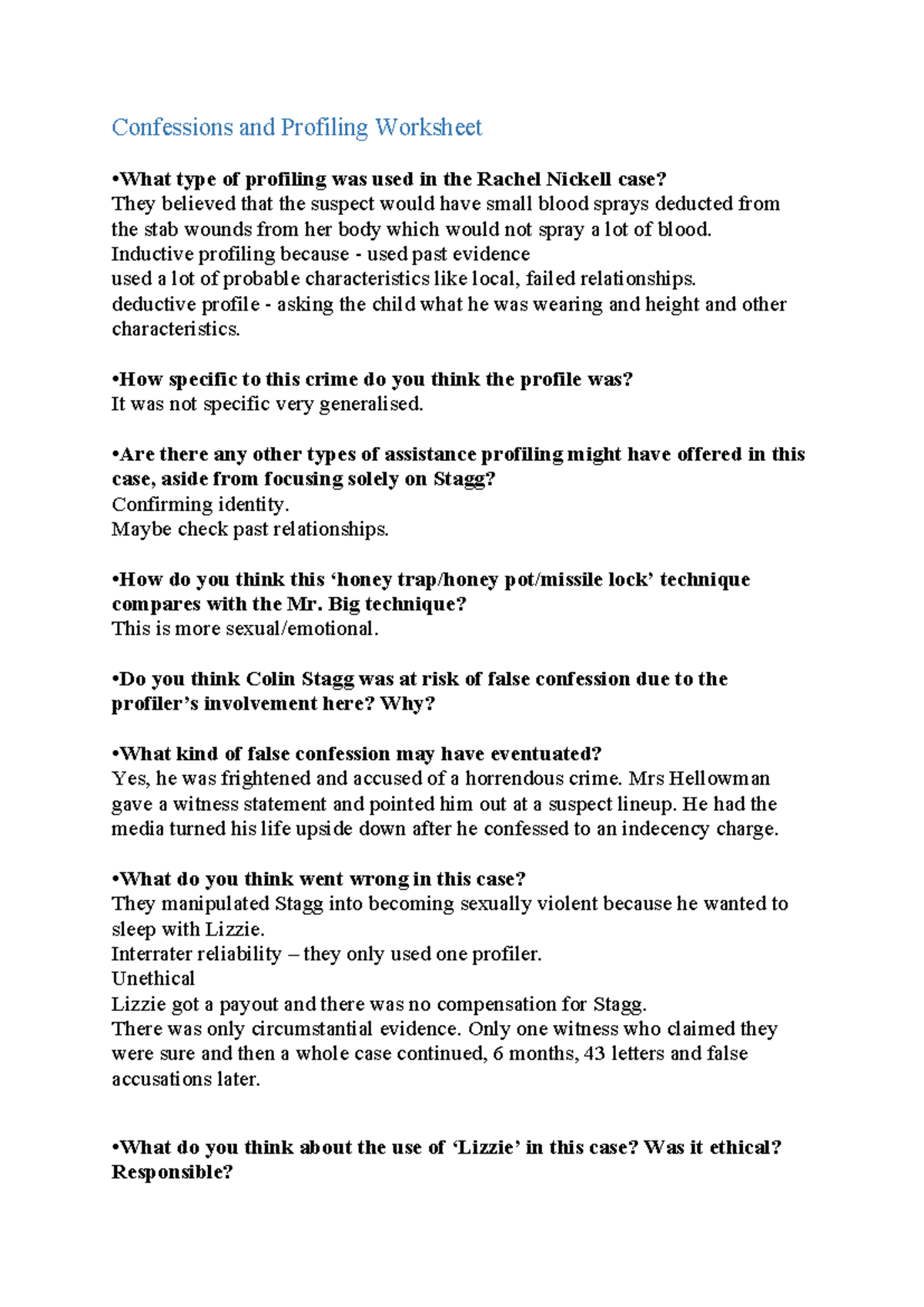 Rachel Nickell Case Week 3 - Confessions and Profiling Worksheet •What ...