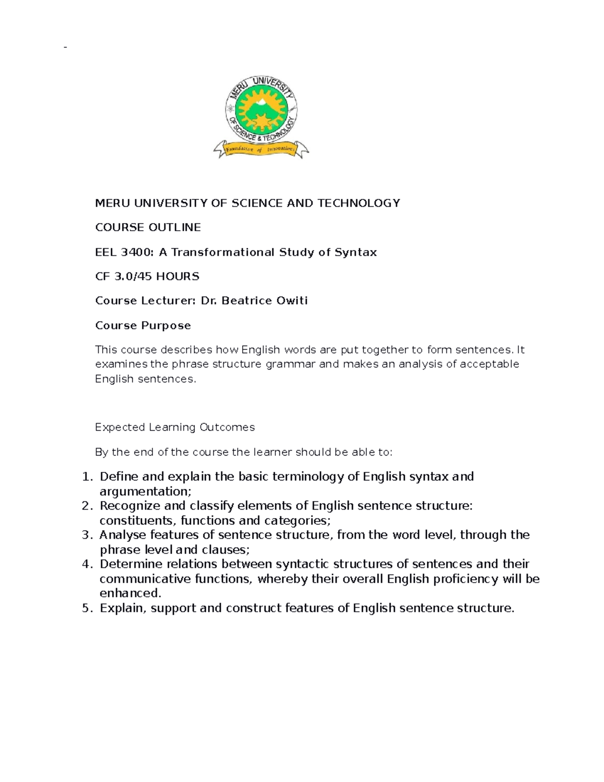 EEL 3400 - English Syntax Course Outline - MERU UNIVERSITY OF SCIENCE ...