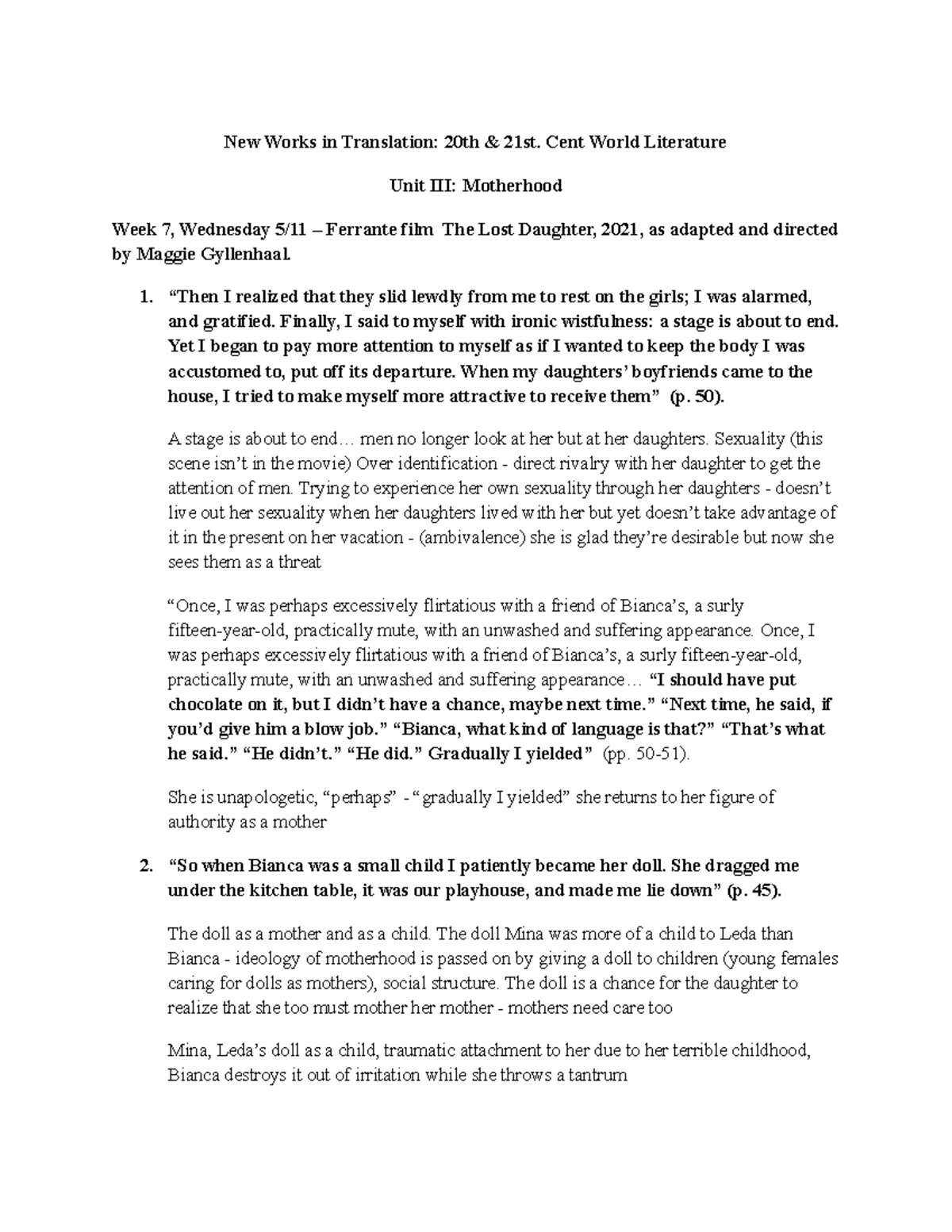 CL Unit III Motherhood Comparative Literature 191 Variable Topics