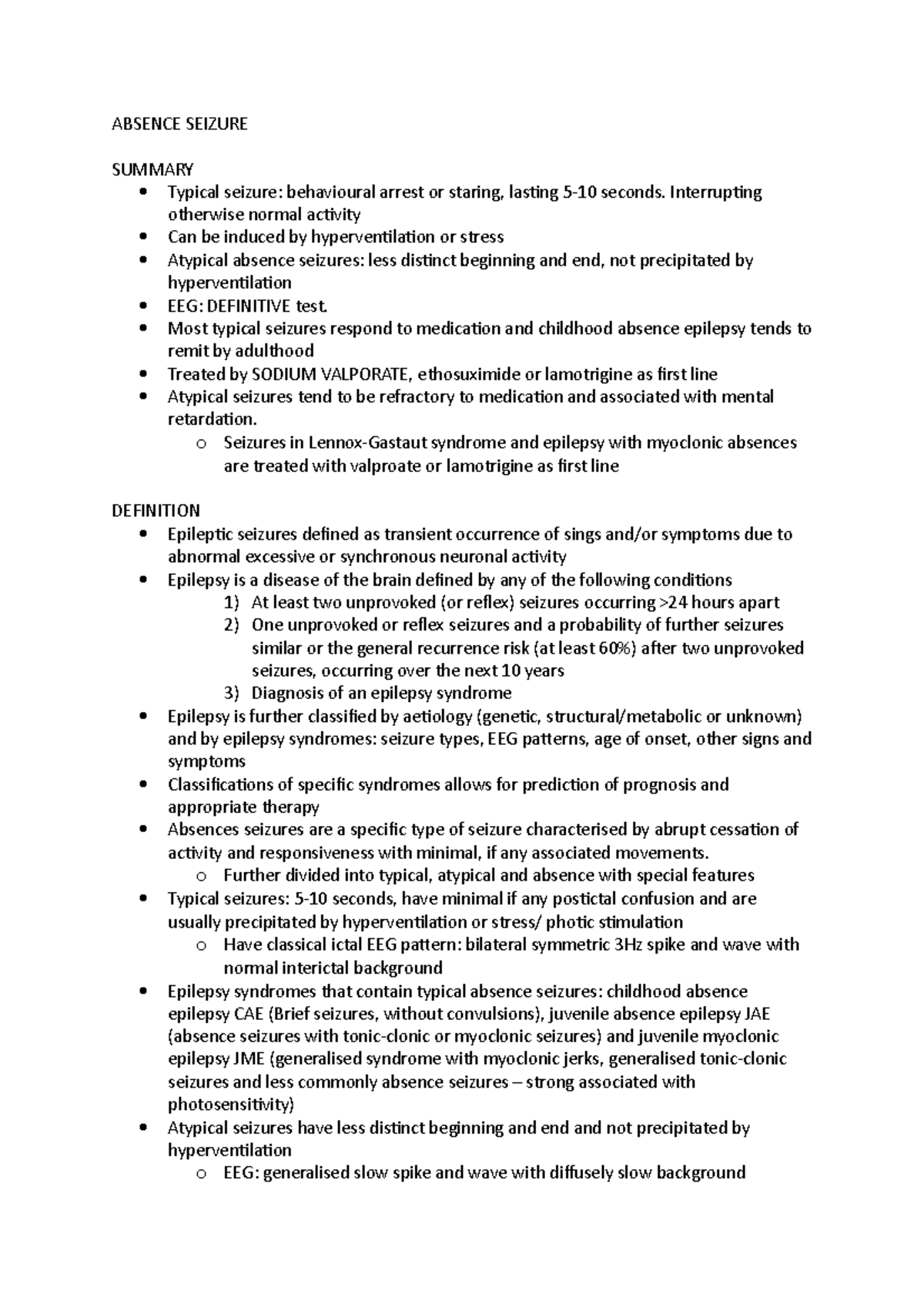 Absence Seizure - ABSENCE SEIZURE SUMMARY Typical seizure: behavioural ...