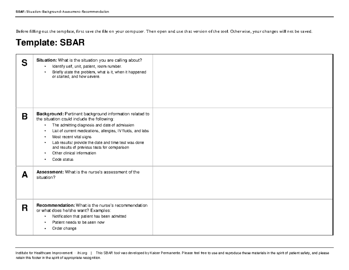 Sbartechniquefor Communication-IHI v2 - SBAR: Situation-Backgrou n d ...