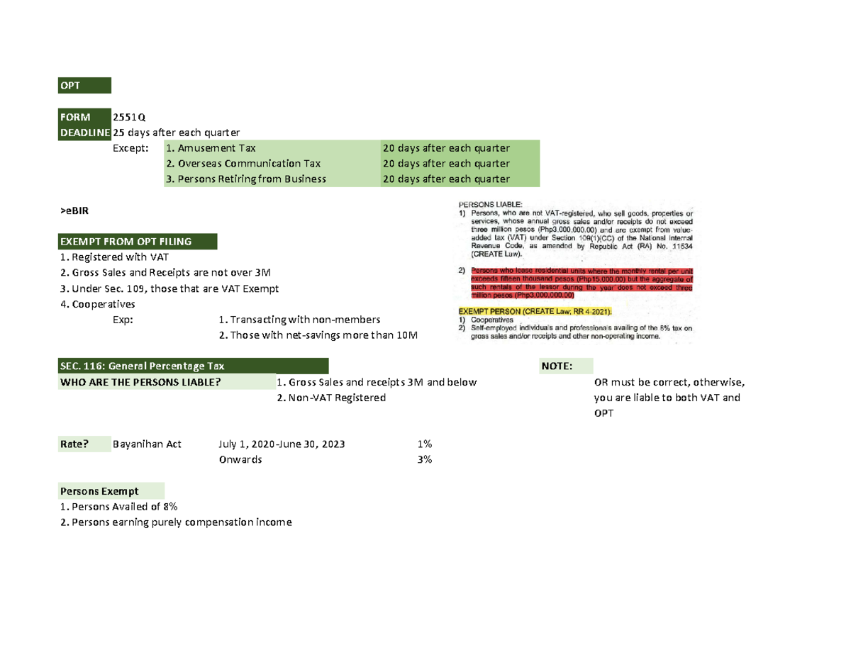 OPT Lecture Notes-2 - OPT FORM 2551Q DEADLINE 25 days after each ...