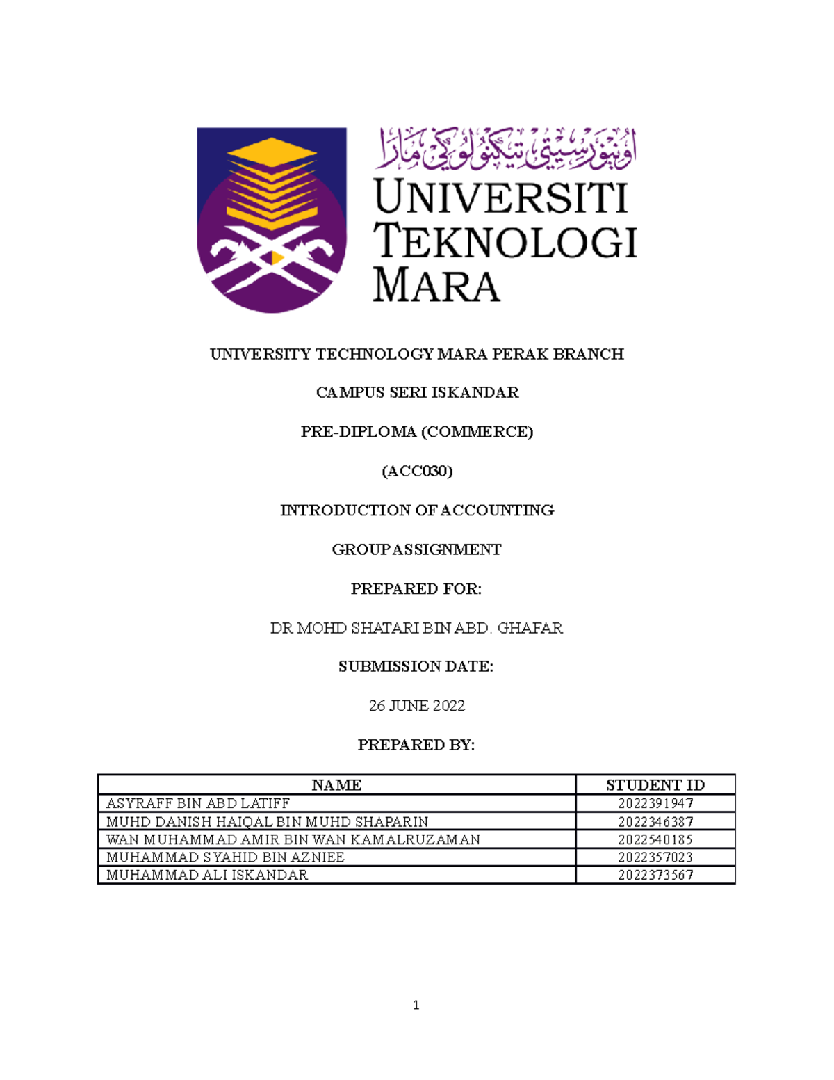 Group Assignment (ACC030) - UNIVERSITY TECHNOLOGY MARA PERAK BRANCH ...