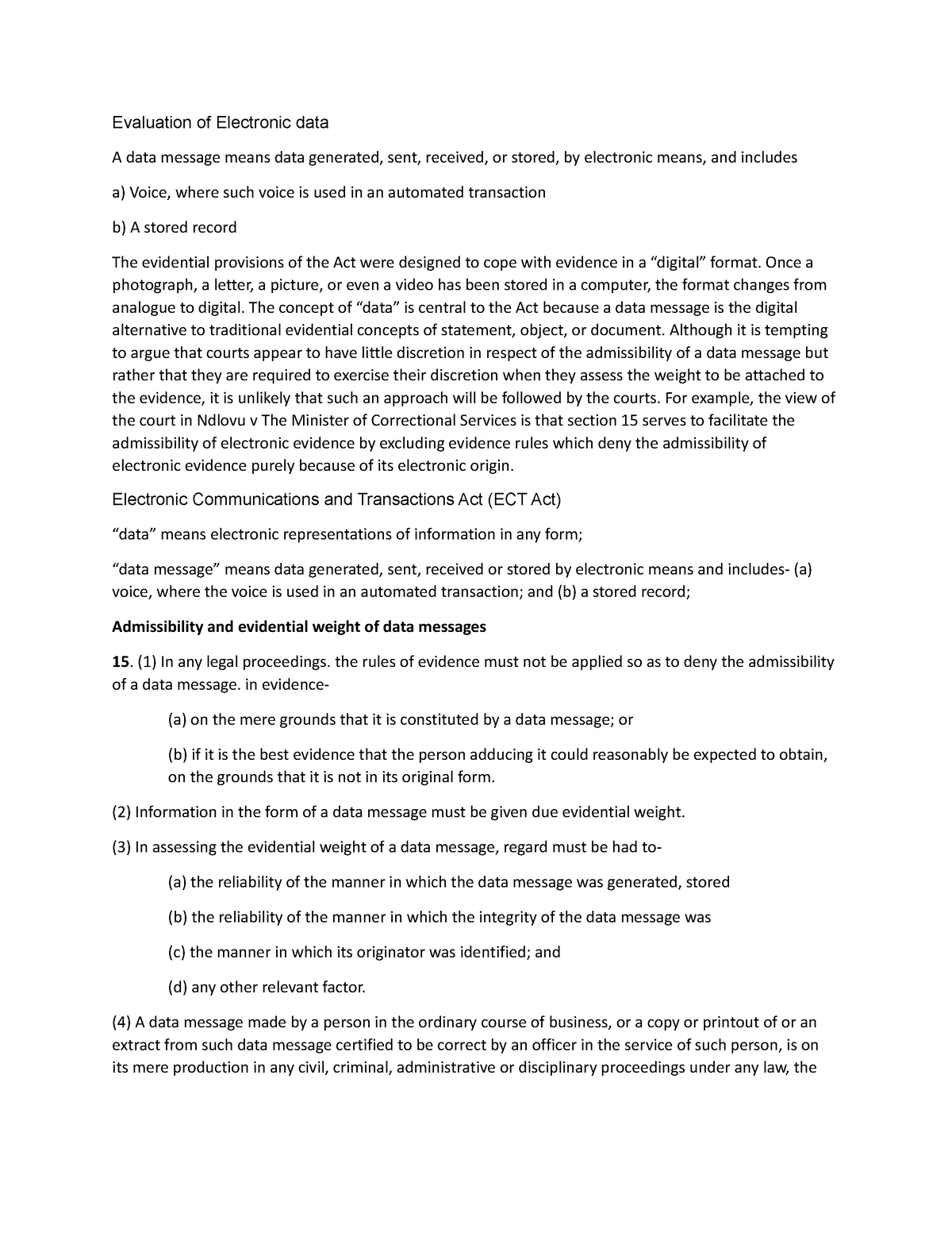 EXAM notes nov - Evaluation of Electronic data A data message means ...