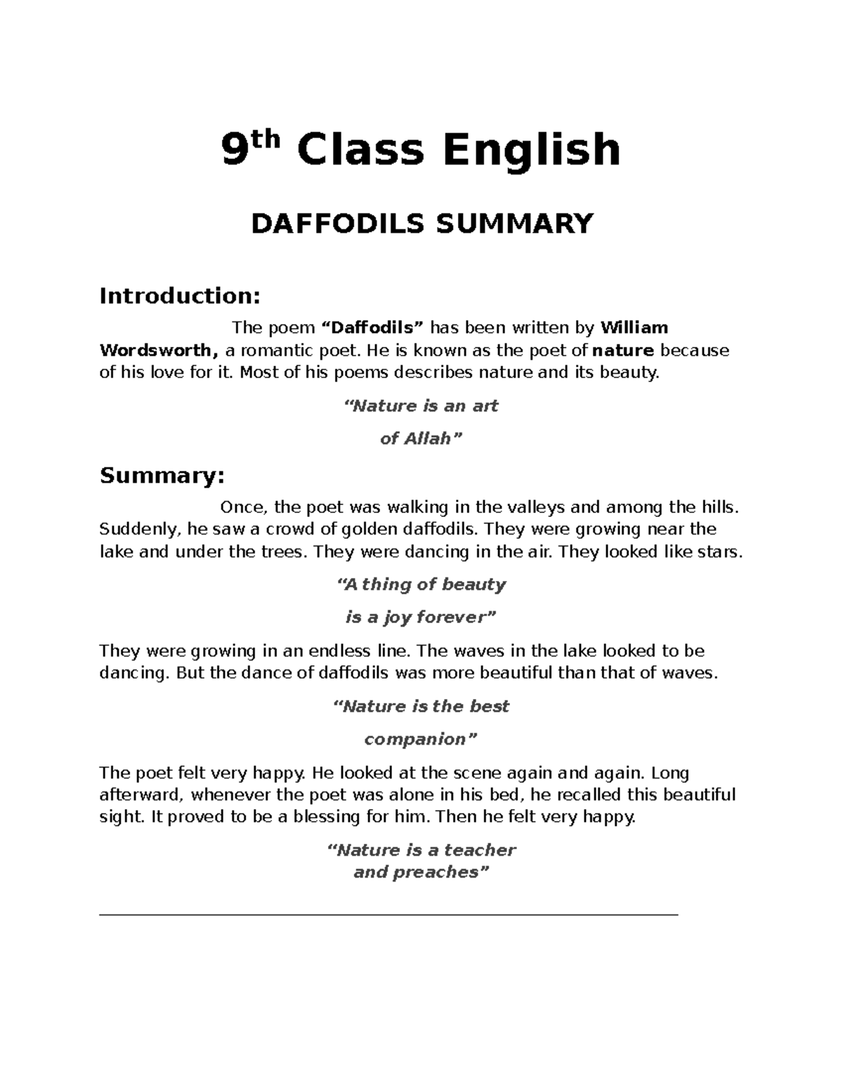 Class 9th English Q/A easy notes 9 th Class English DAFFODILS SUMMARY