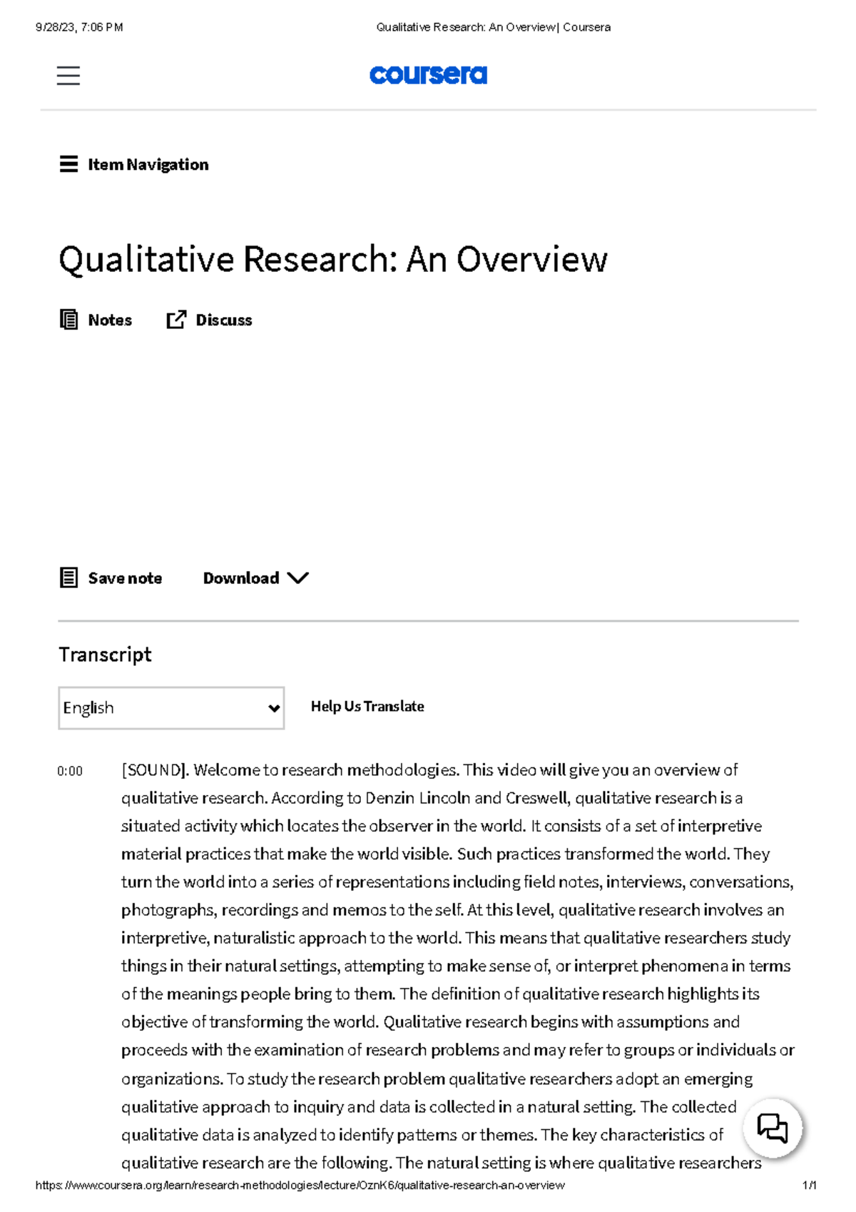 Qualitative Research An Overview Coursera - 9/28/23, 7:06 PM ...