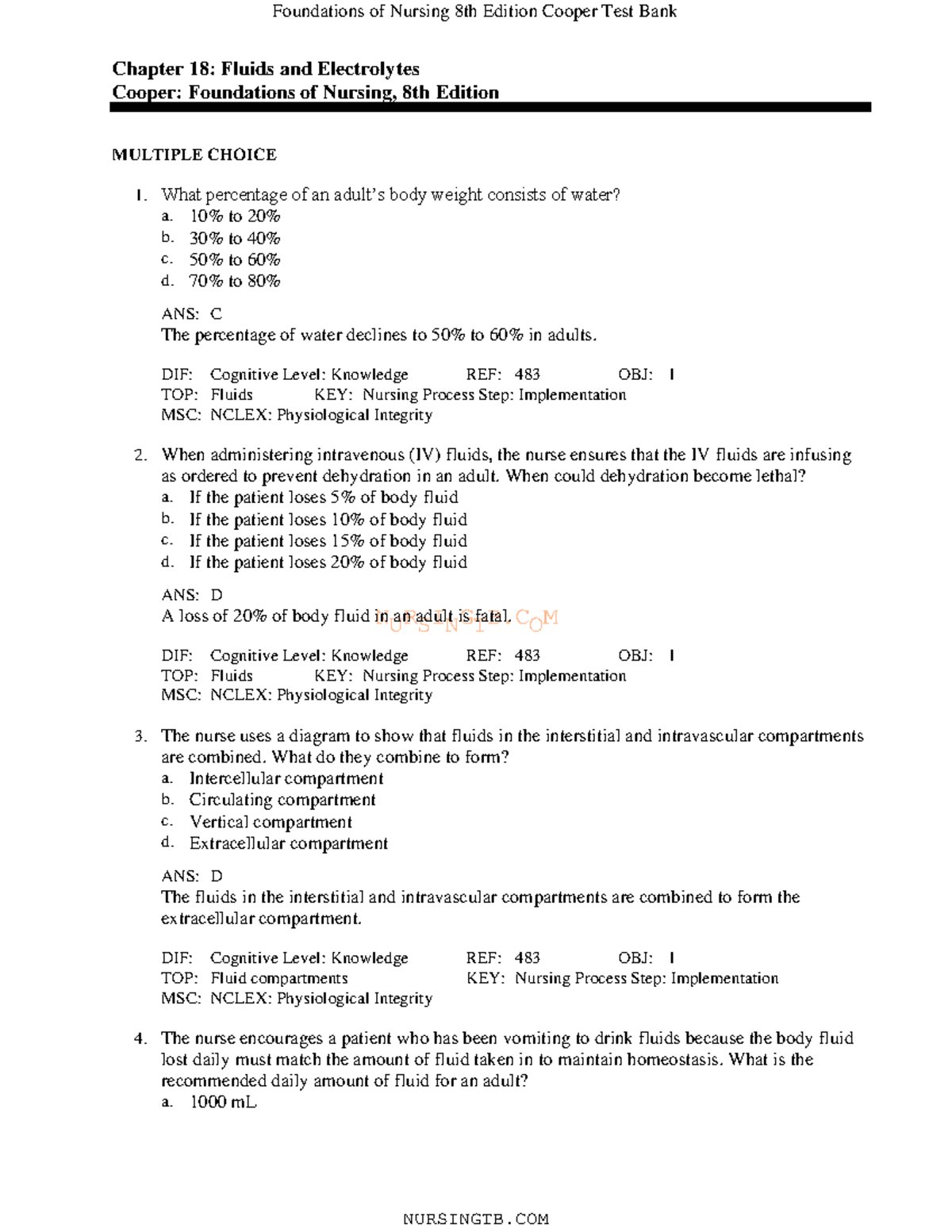 18 - Foundations Of Nursing Text Bank - NURSINGTB Chapter 18: Fluids ...