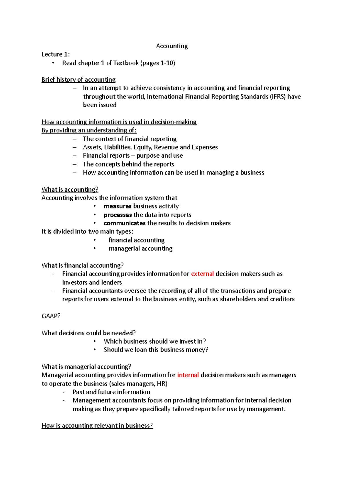 A lecture 1 - Accounting Lecture 1: Read chapter 1 of Textbook (pages 1 ...