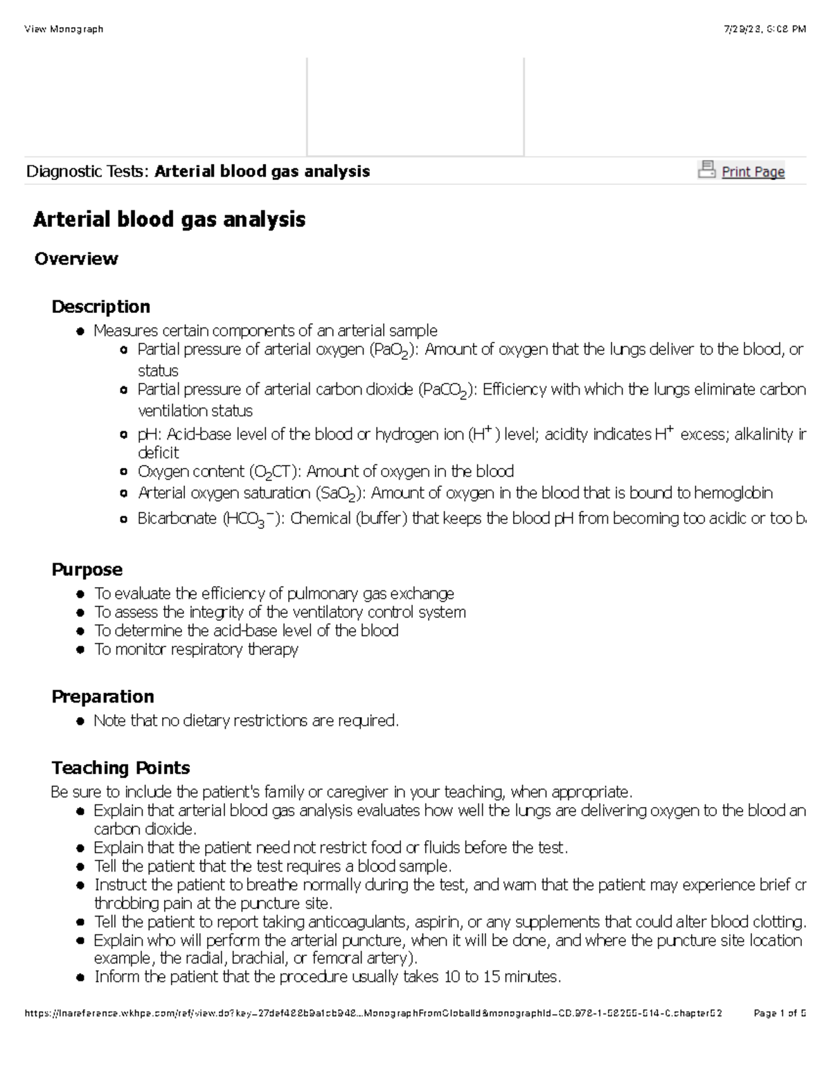 Arterial blood gas analysis Diagnostic Tests Arterial blood gas