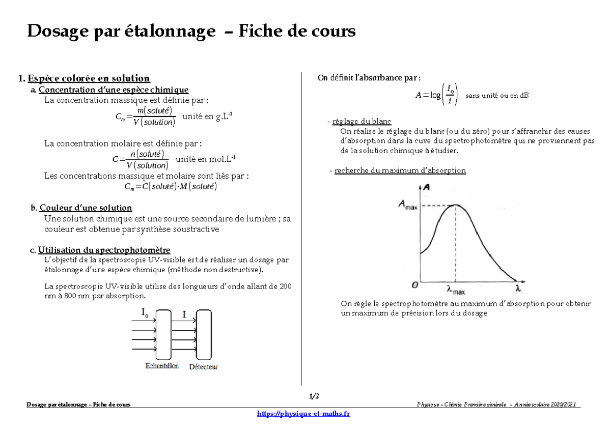 Le Dosage Par Etalonnage La Mole Dosage Par Talonnage Fiche De