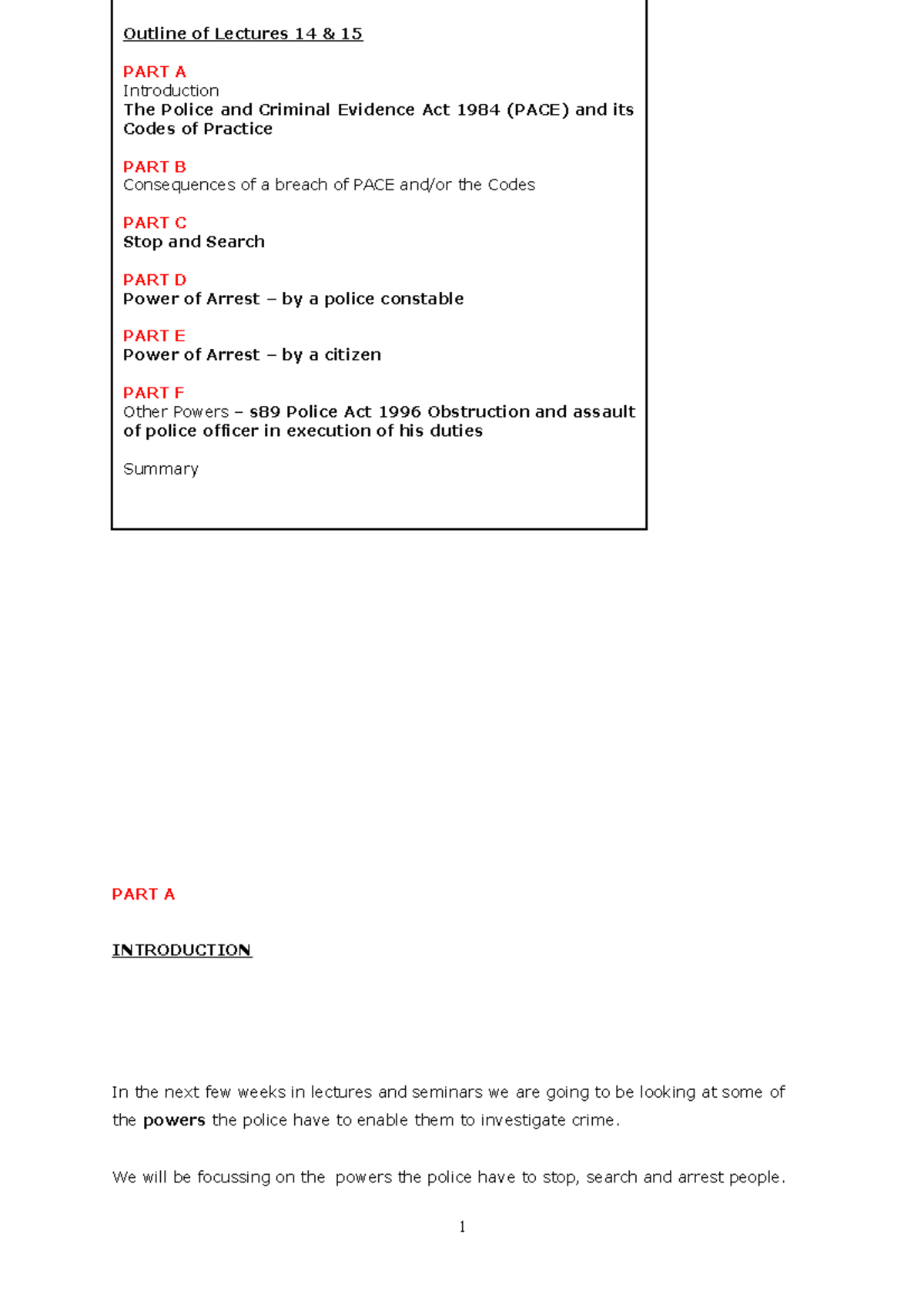 Lectures 14 & 15 Police Powers Notes - Lectures 14 & 15 (w/c 1/2/21 and ...