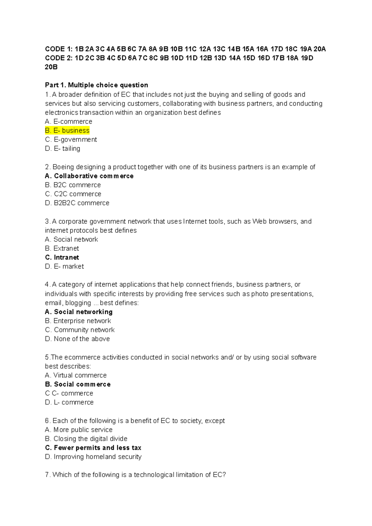 Trắc nghiệm thương mại điện tử - CODE 1: 1B 2A 3C 4A 5B 6C 7A 8A 9B 10B ...