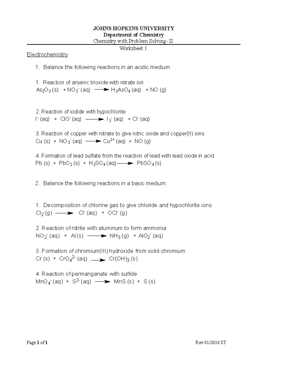 Chemistry with problem solving worksheet 1 - JOHNS HOPKINS UNIVERSITY ...