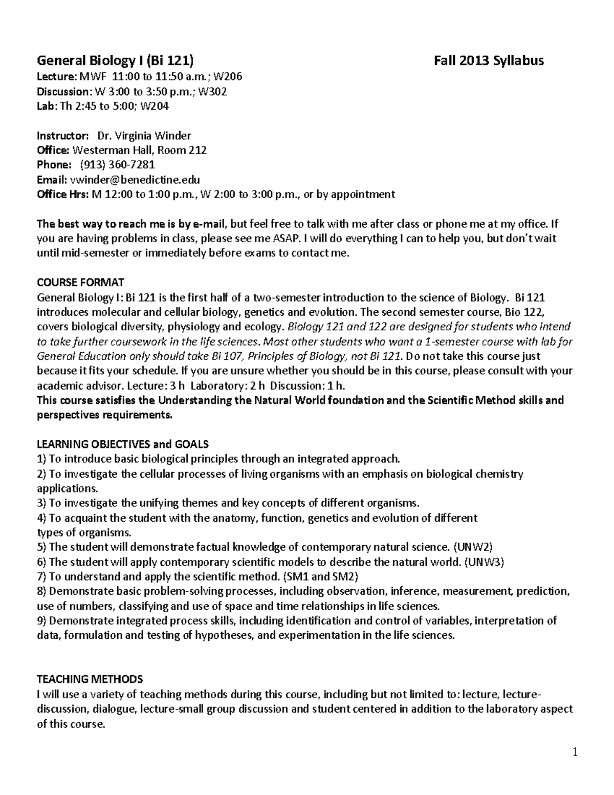 Bi121 fa13 syllabus - General Biology I (Bi 121) Fall 2013 Syllabus ...