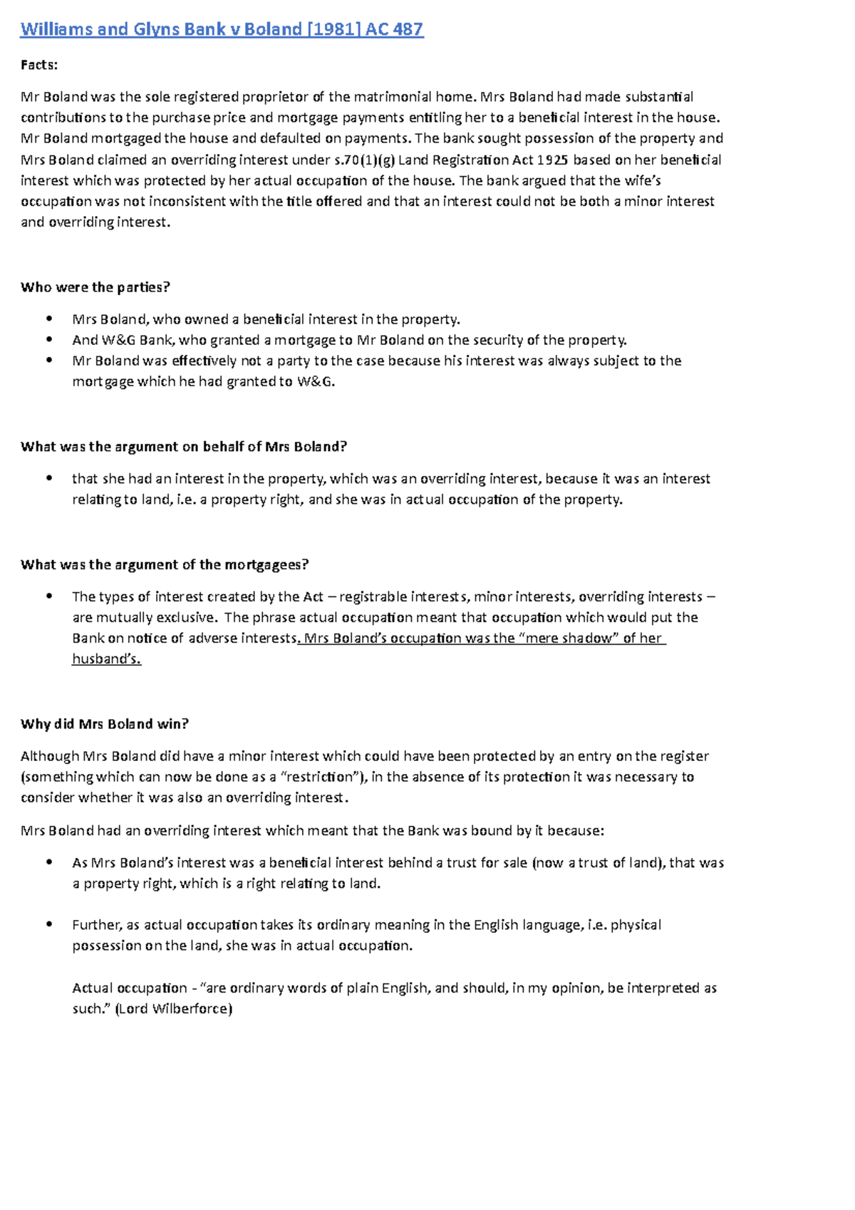 Cases on Land Registration - Williams and Glyns Bank v Boland [1981] AC ...