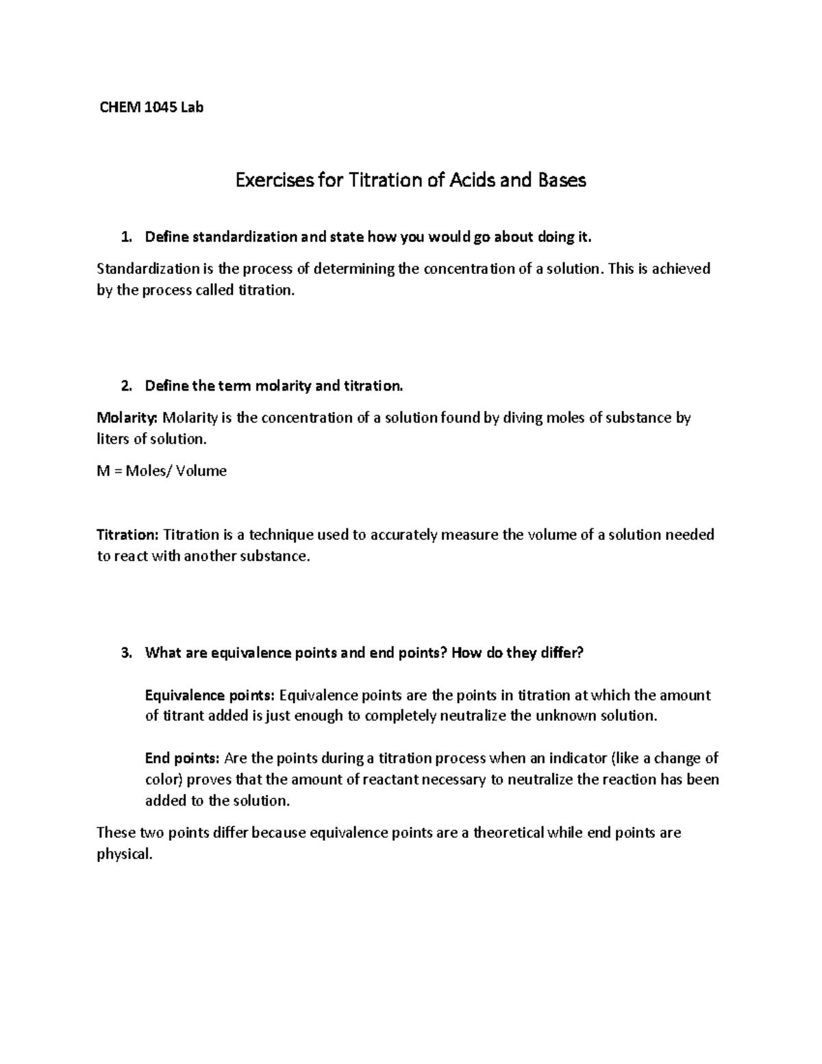 Exercises for Titration of Acids and Bases CHEM 1045 Lab Exercises
