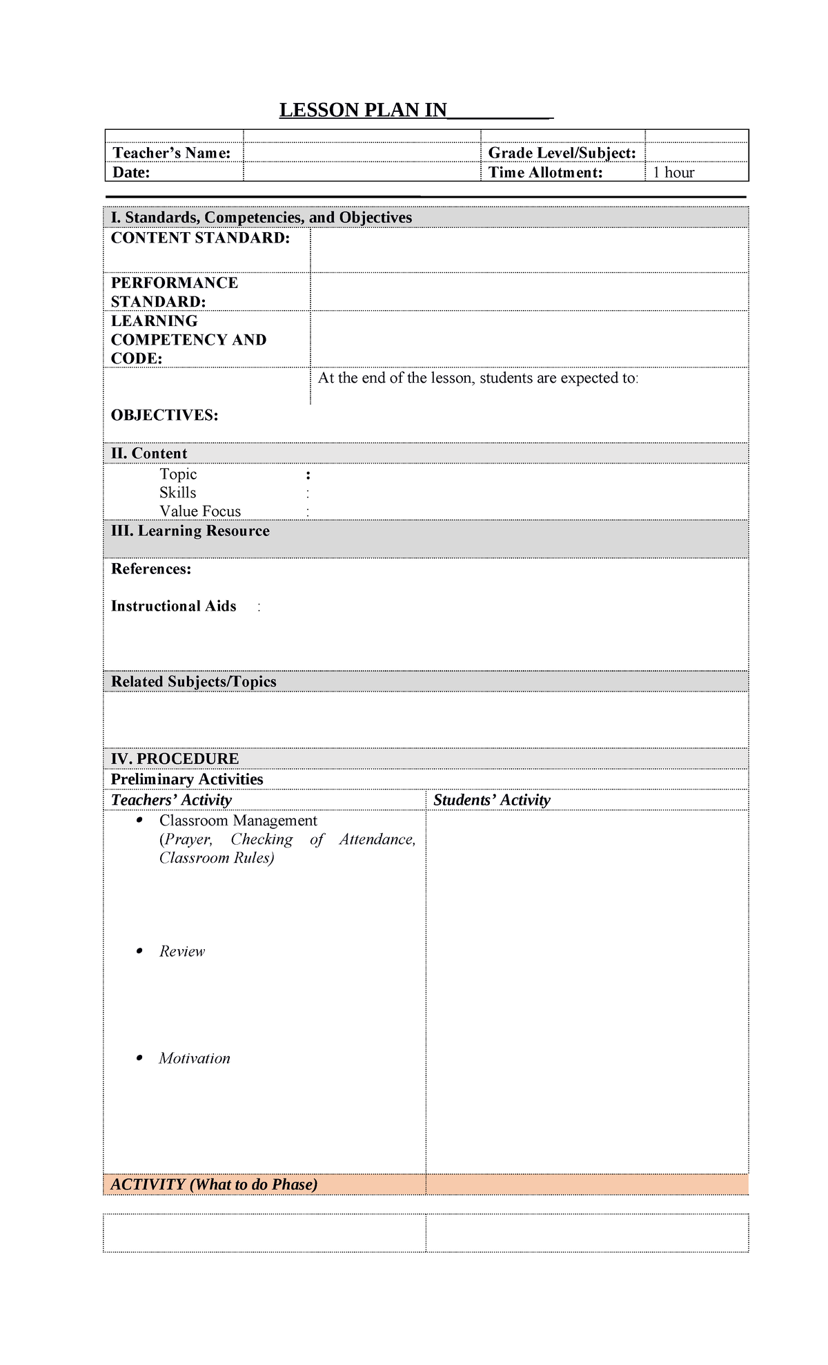 LEsson Plan Template for Interns - LESSON PLAN IN__________ Teacher’s ...