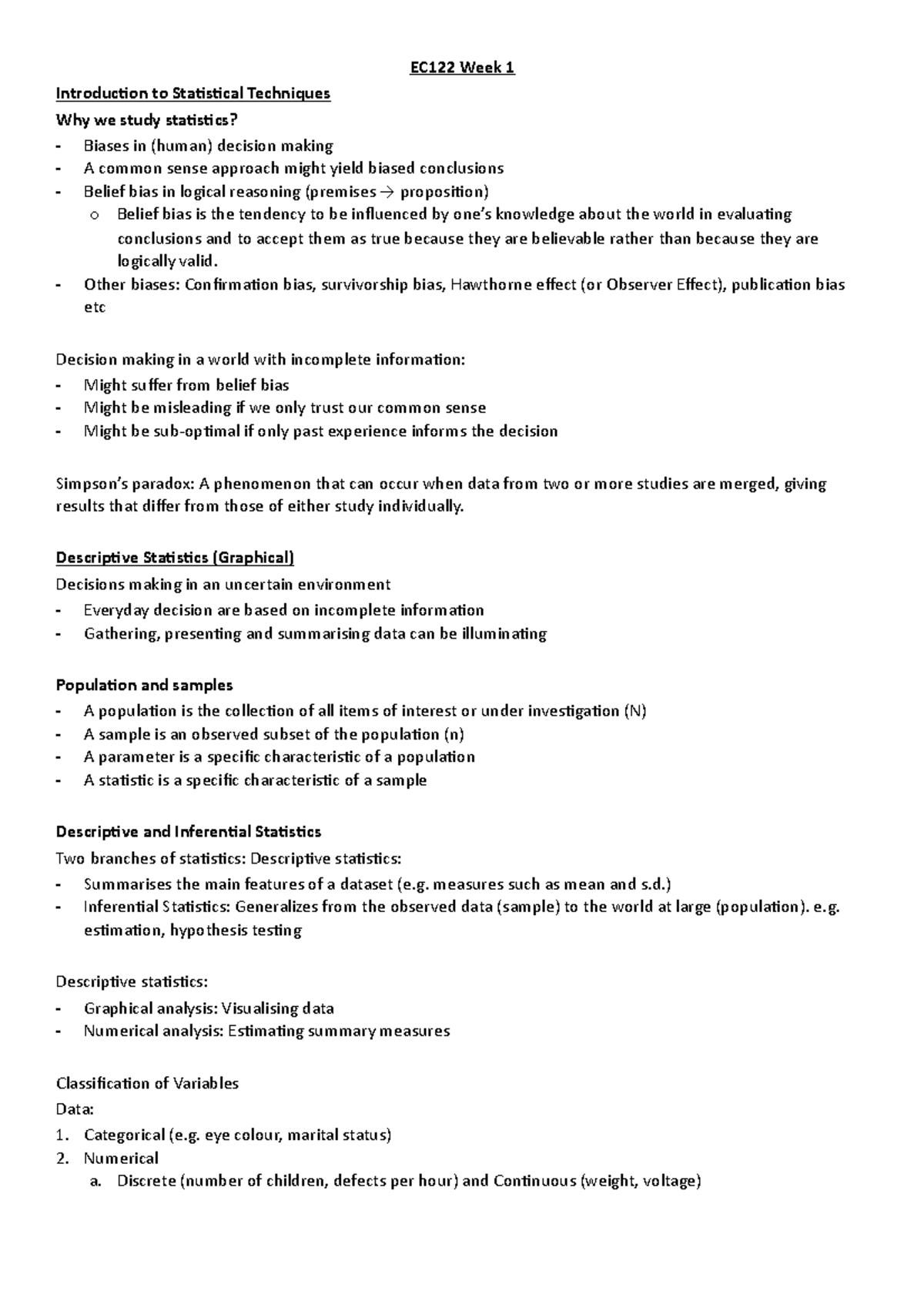 EC122 Week 1 Lecture Notes Summary - EC122 Week 1 Introduction to ...