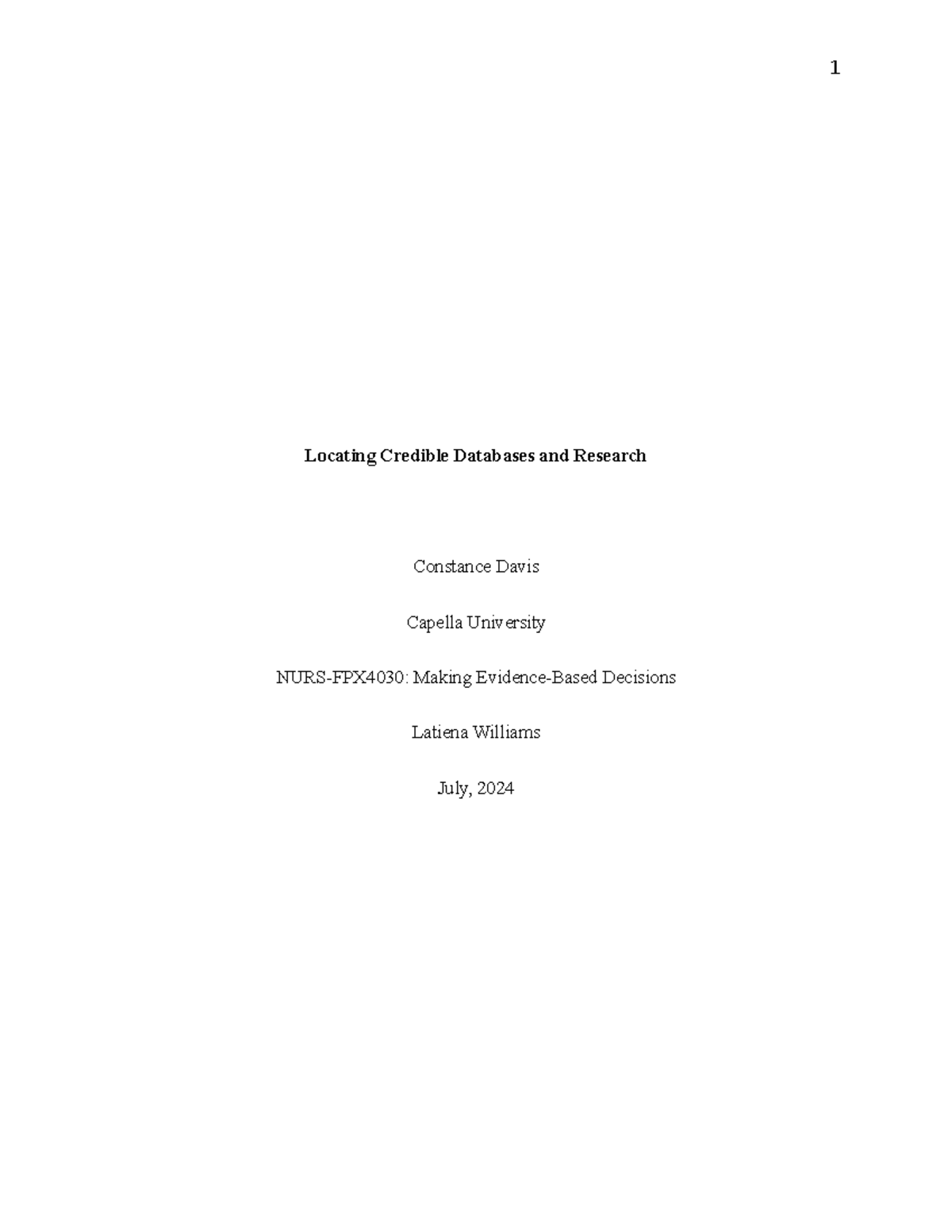 NURS-FPX4030 Assessment 1 - Locating Credible Databases and Research ...