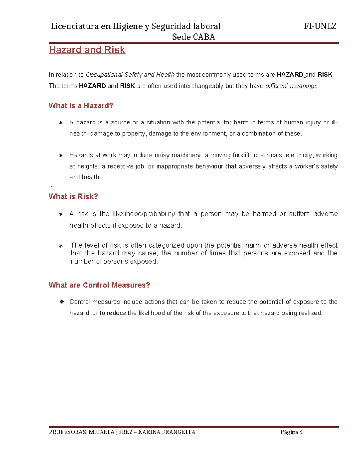 Hazards and Risks - Sede CABA Hazard and Risk In relation to ...