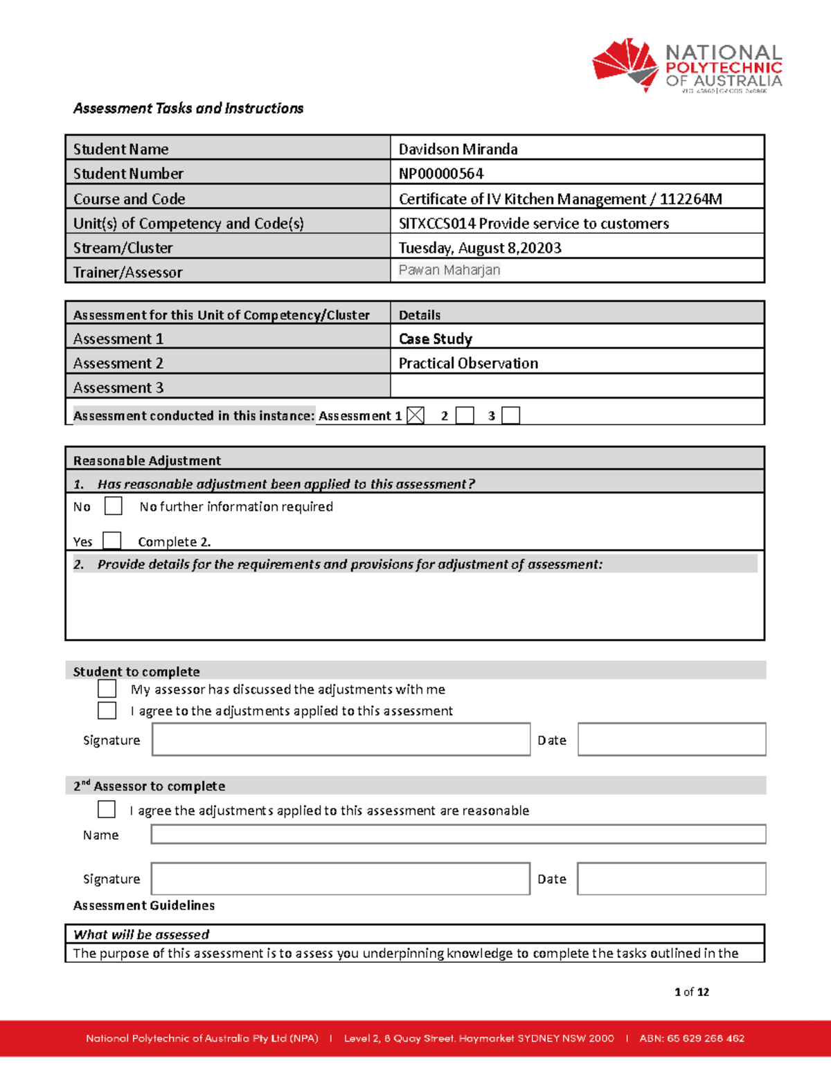 NPA Sitxccs 014 Assessment 1 -Theory Test - Assessment Tasks and ...