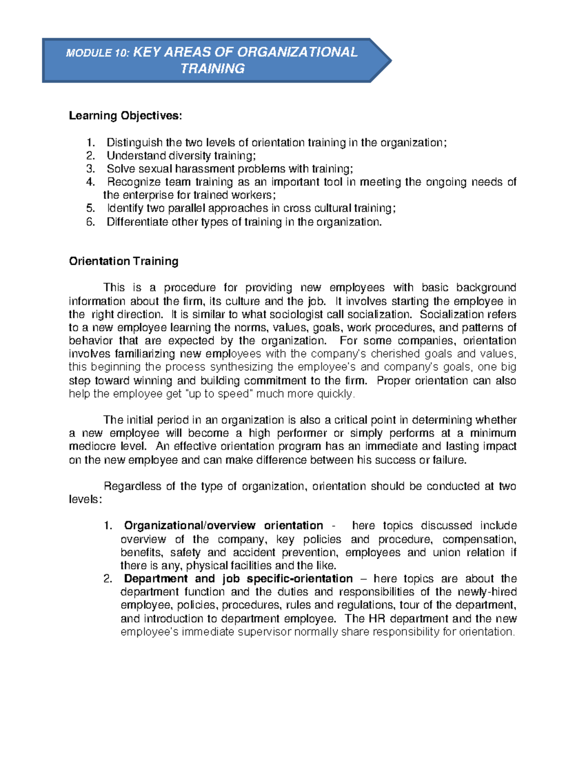 Key Areas of Organizational Training - Learning Objectives: Distinguish ...