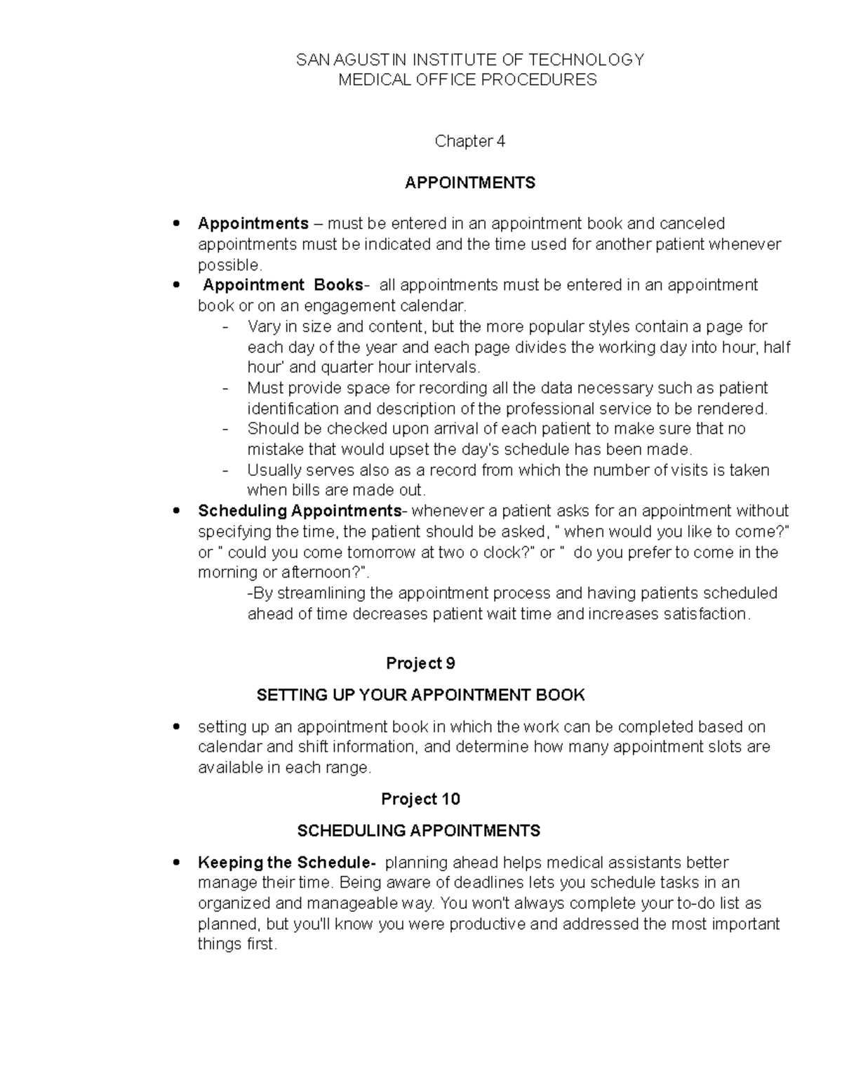 Hand Out - handout - SAN AGUSTIN INSTITUTE OF TECHNOLOGY MEDICAL OFFICE ...