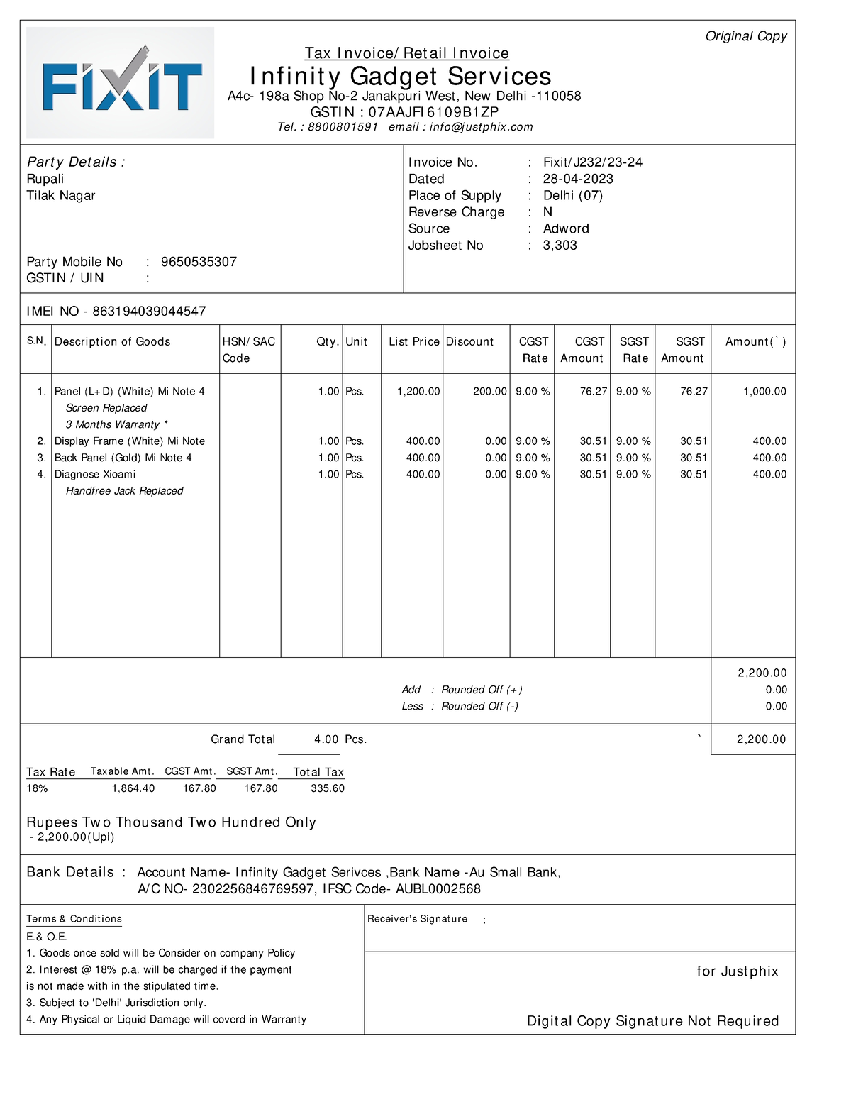 Rupali Fixit J232 23 24 - Political - Original Copy Tax I nvoice/ Ret ...