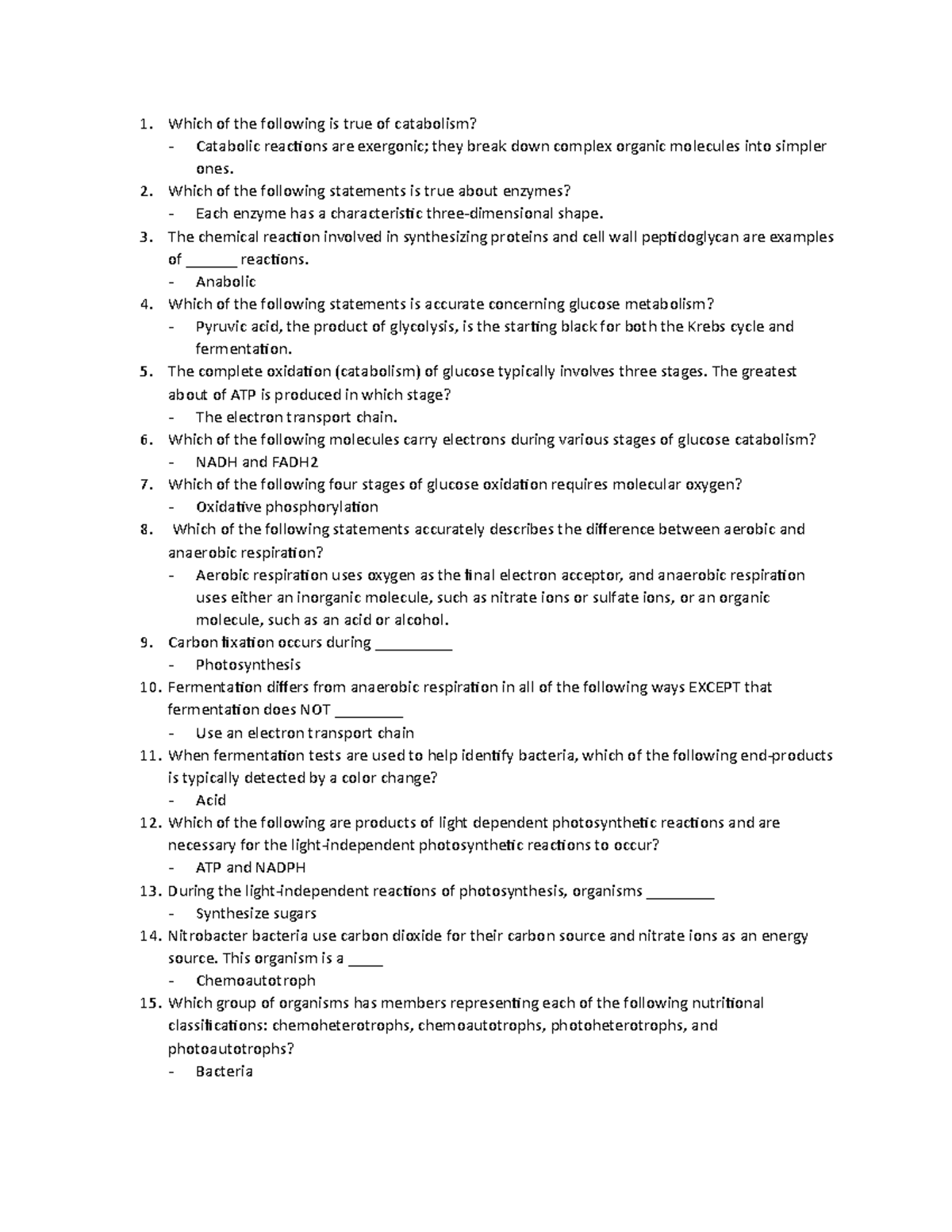 Exam 2 Review Summary Microbiology Lab 1. Which of the following is
