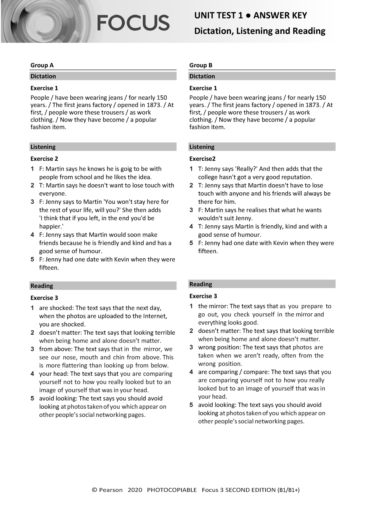 Focus 3 2E Unit Test Dictation Listening Reading Unit1 Group A B Answers -  © Pearson 2020 - Studocu