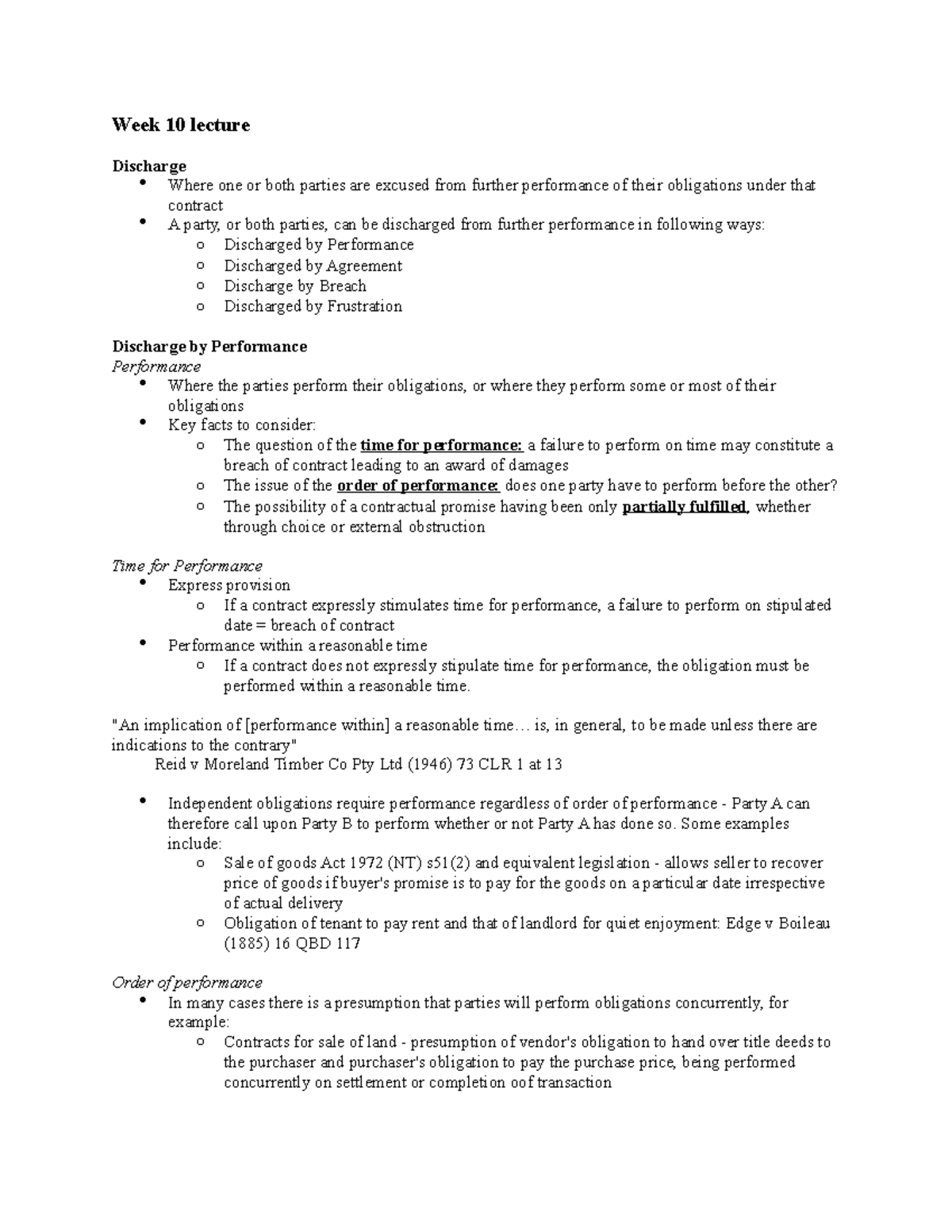 Lecture 10 notes - Week 10 lecture Discharge Where one or both parties ...