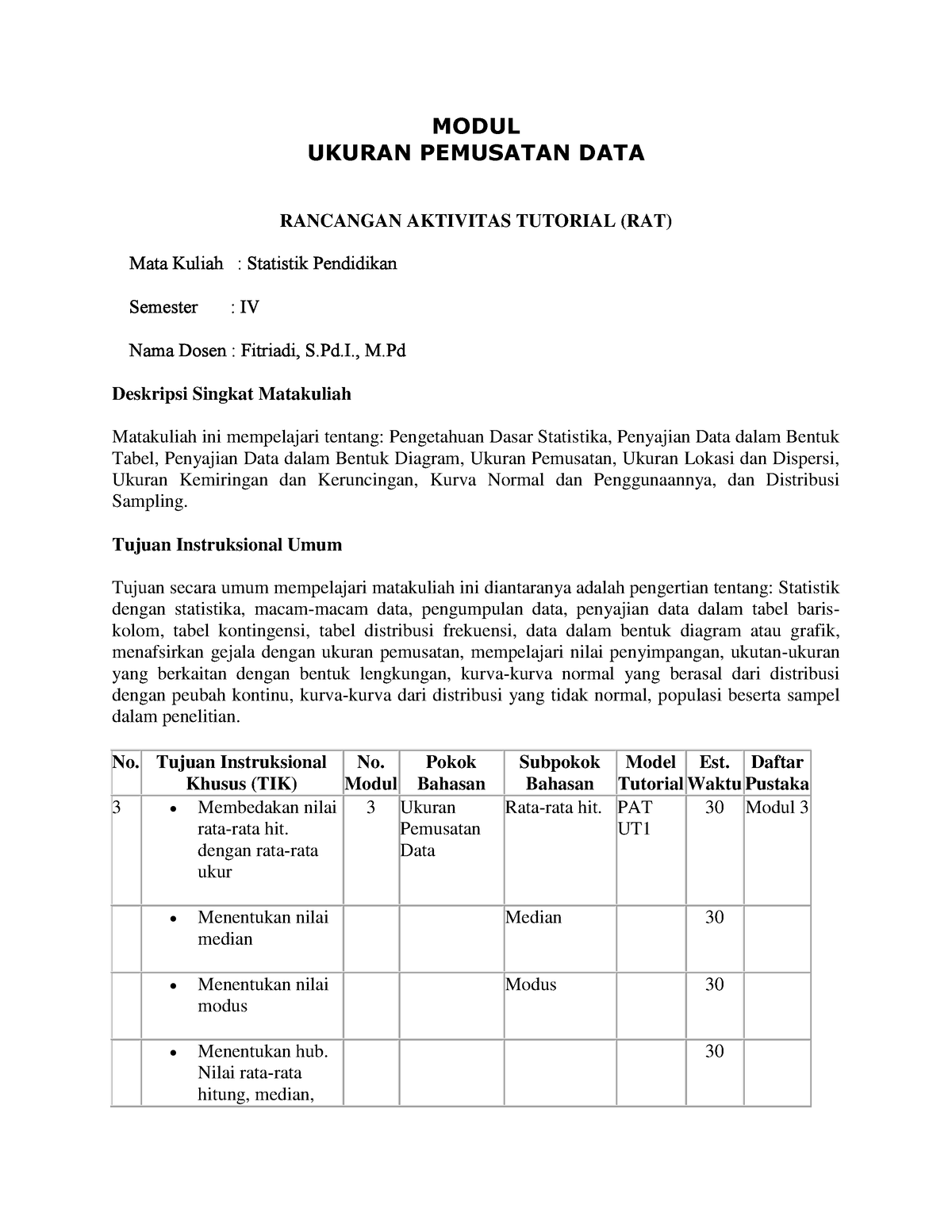 Ukuran Pemusatan Data - MODUL UKURAN PEMUSATAN DATA ####### RANCANGAN ...